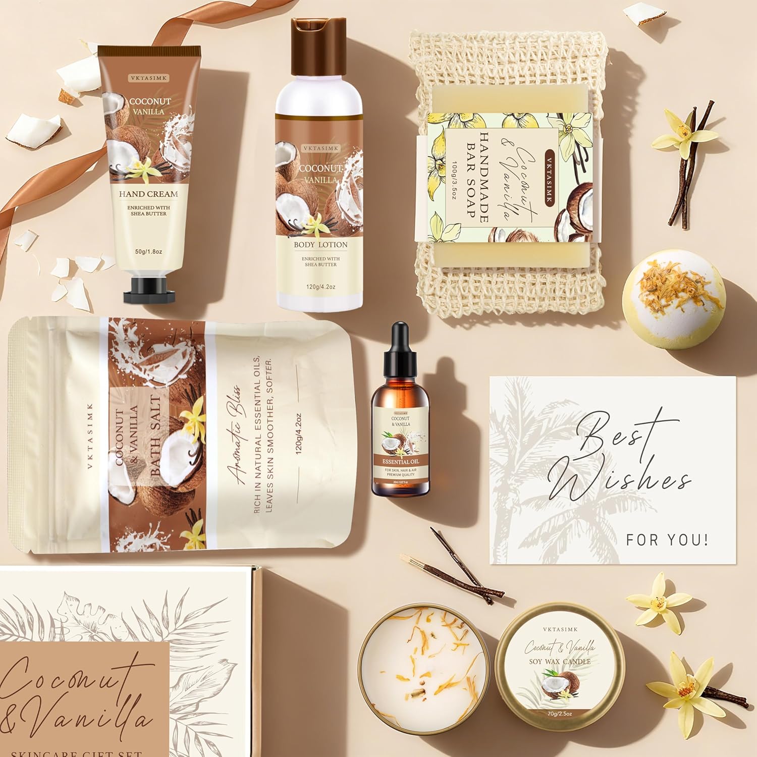Gifts for Women Happy Birthday Gift Baskets, Bath and Body Gift Set Mothers Day Gifts, Vanilla Coconut Relaxing Home Spa Set Self Care Gift for Mom Sister Her Wife Grandma Girlfriend Friends - Image 2