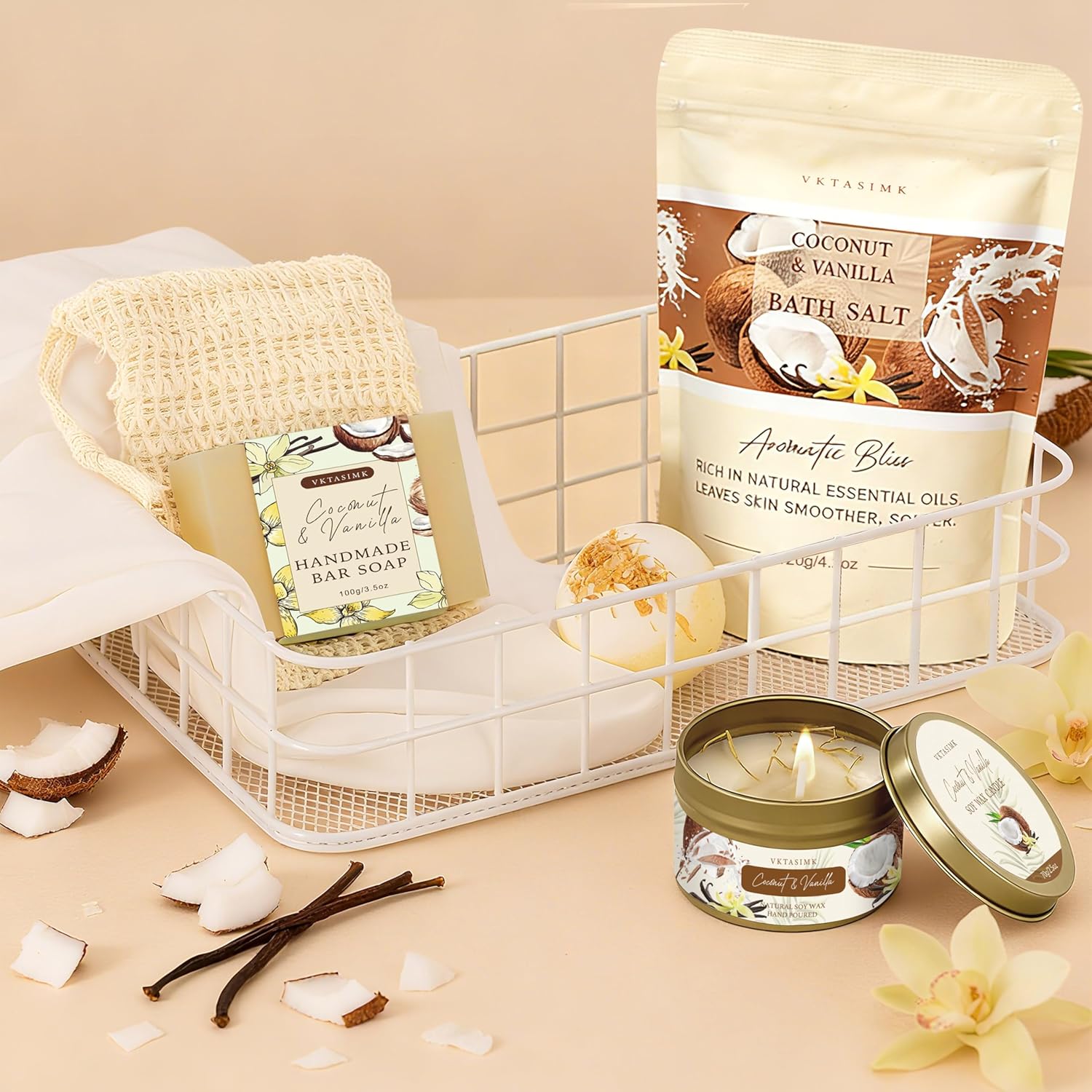 Gifts for Women Happy Birthday Gift Baskets, Bath and Body Gift Set Mothers Day Gifts, Vanilla Coconut Relaxing Home Spa Set Self Care Gift for Mom Sister Her Wife Grandma Girlfriend Friends - Image 6