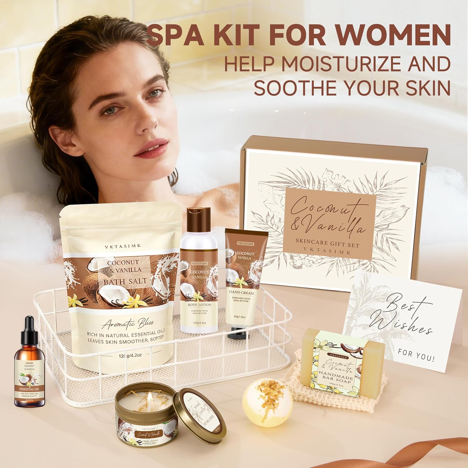 Gifts for Women Happy Birthday Gift Baskets, Bath and Body Gift Set Mothers Day Gifts, Vanilla Coconut Relaxing Home Spa Set Self Care Gift for Mom Sister Her Wife Grandma Girlfriend Friends - Image 7