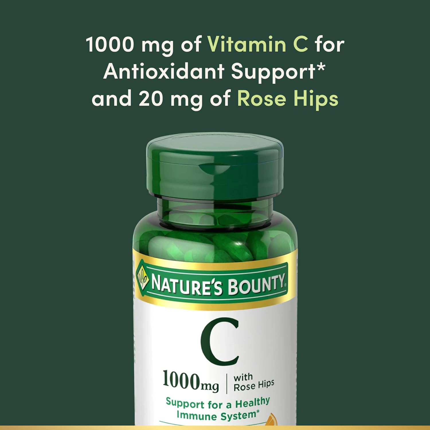 Nature’s Bounty Vitamin C + Rose HIPS, Immune Support, 1000mg Vitamin C, Coated Caplets, 1 Serving per Day, Vegetarian Caplets, 100 Ct - Image 3