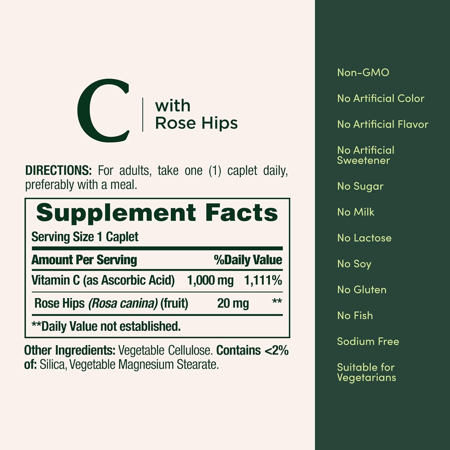 Nature’s Bounty Vitamin C + Rose HIPS, Immune Support, 1000mg Vitamin C, Coated Caplets, 1 Serving per Day, Vegetarian Caplets, 100 Ct - Image 5