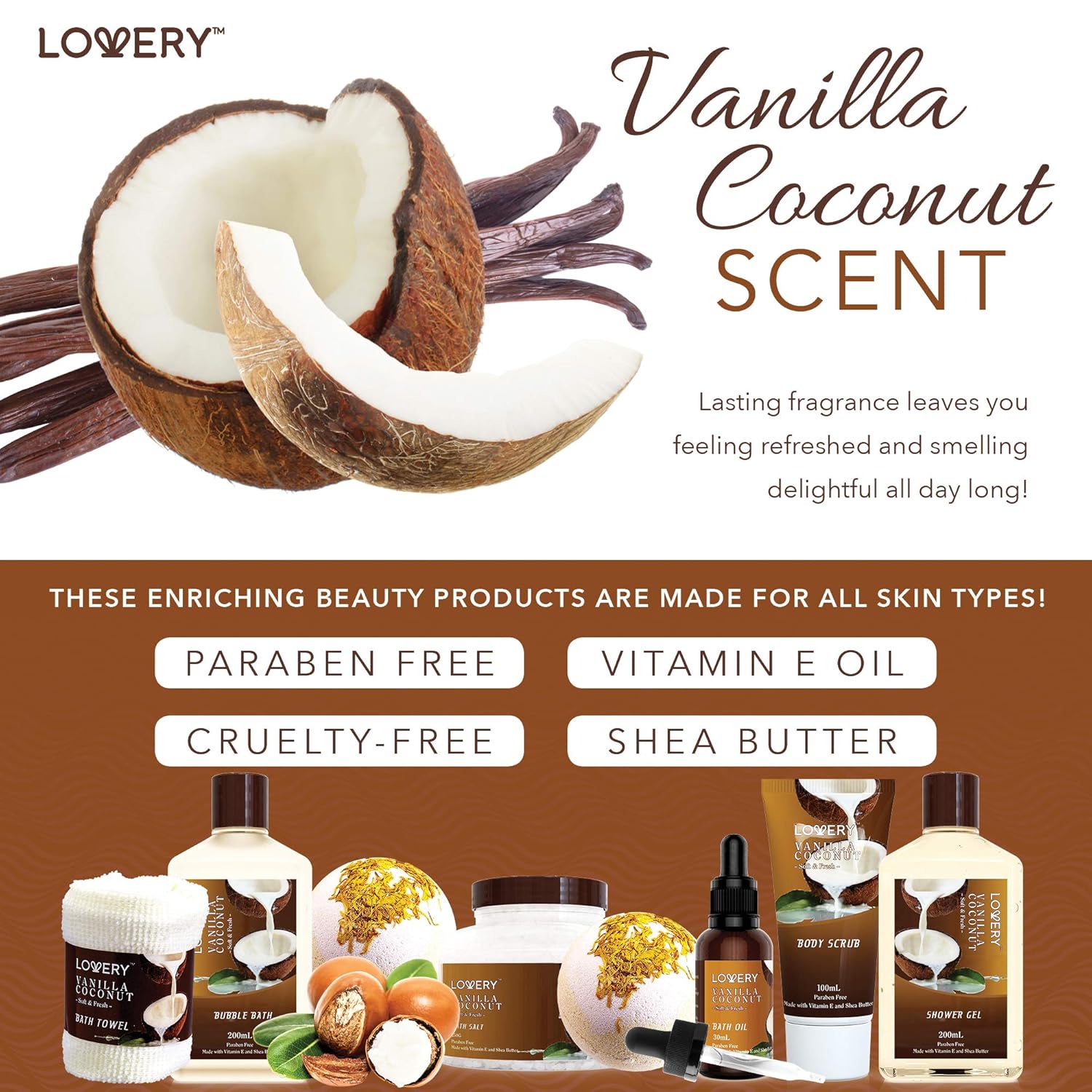 Gifts For Women Gift Basket for Women– Mothers Day Gifts for Mom, 9 Piece Set of Vanilla Coconut Home Spa Set, Luxurious Bath and Body Set, Includes Fragrant Lotions, Large Bath Bombs, Coconut Oil - Image 4