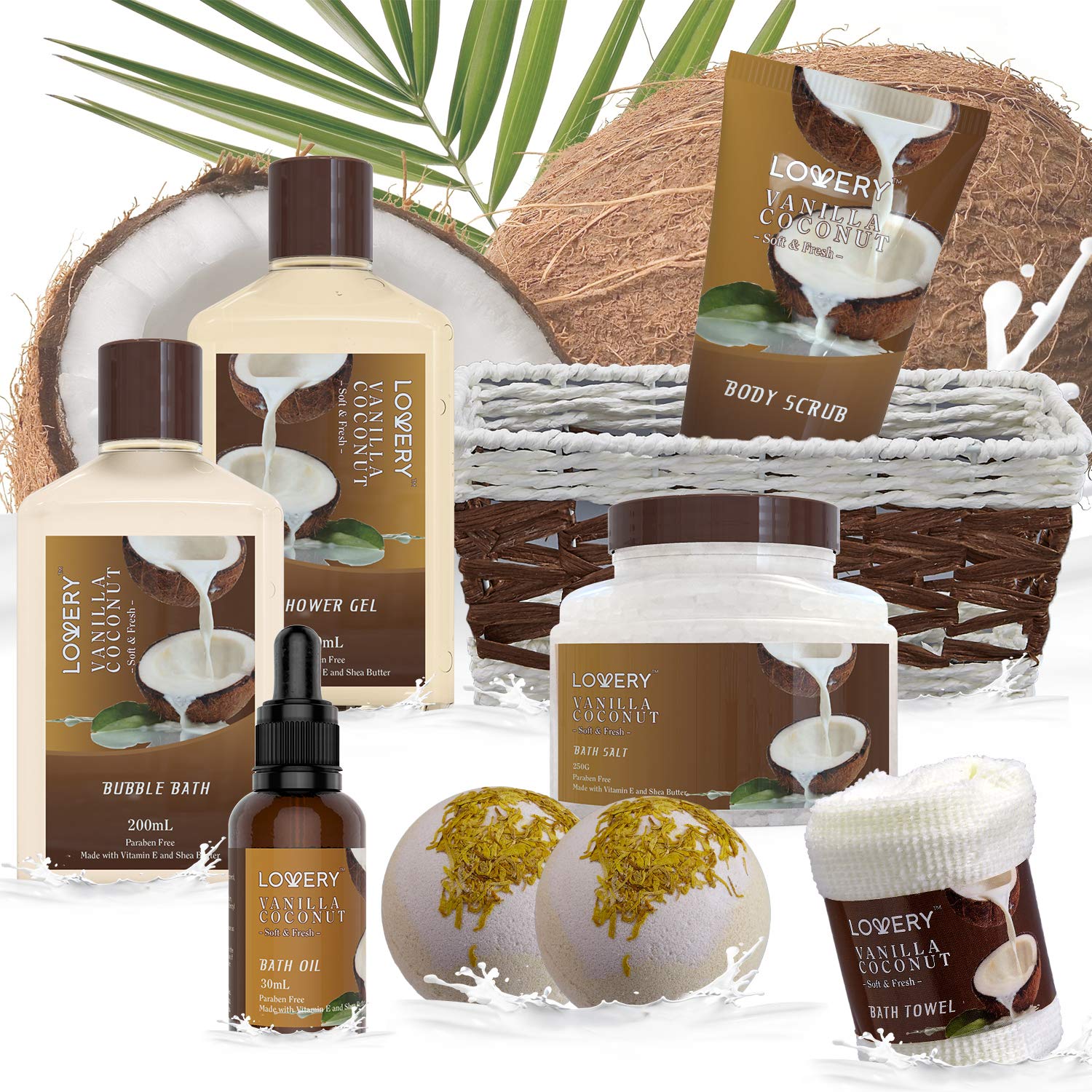 Gifts For Women Gift Basket for Women– Mothers Day Gifts for Mom, 9 Piece Set of Vanilla Coconut Home Spa Set, Luxurious Bath and Body Set, Includes Fragrant Lotions, Large Bath Bombs, Coconut Oil - Image 5