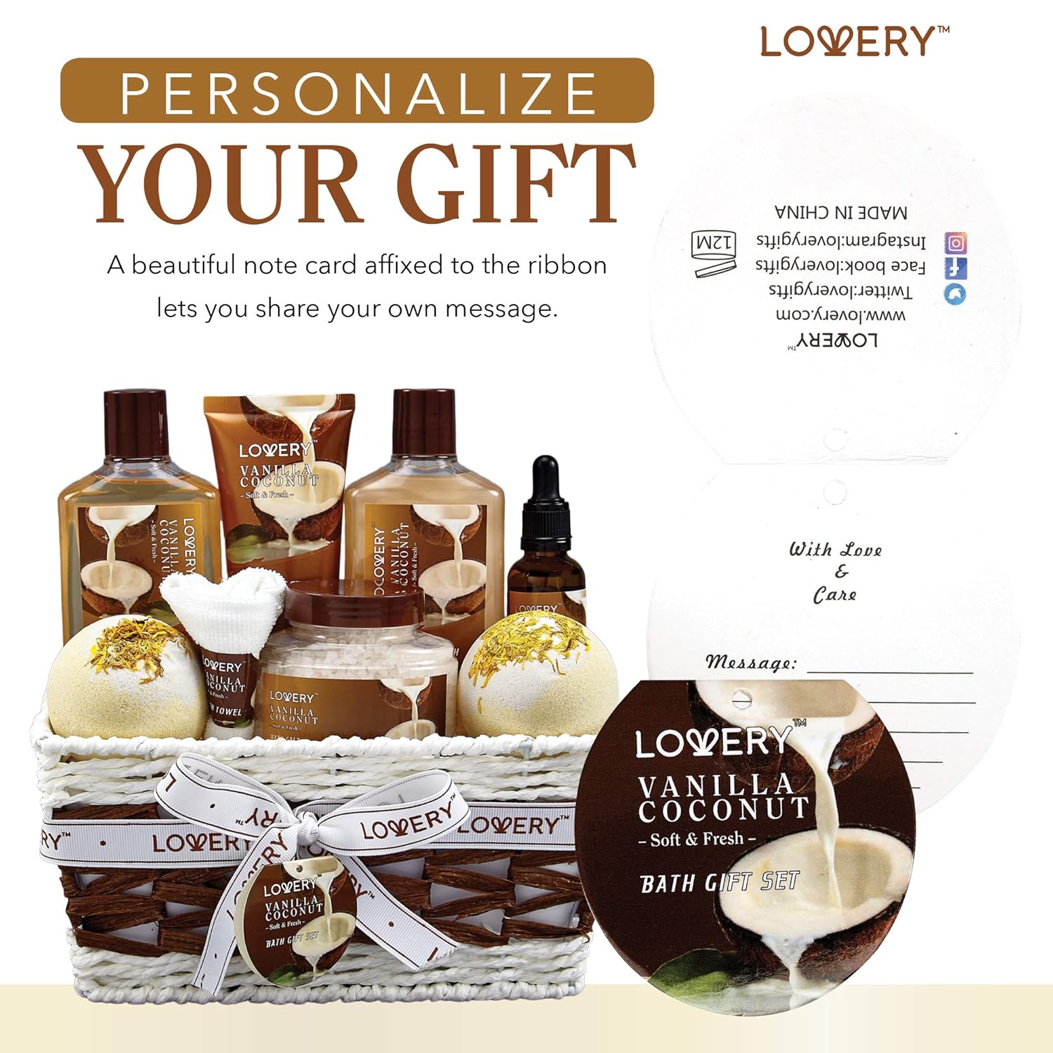 Gifts For Women Gift Basket for Women– Mothers Day Gifts for Mom, 9 Piece Set of Vanilla Coconut Home Spa Set, Luxurious Bath and Body Set, Includes Fragrant Lotions, Large Bath Bombs, Coconut Oil - Image 8