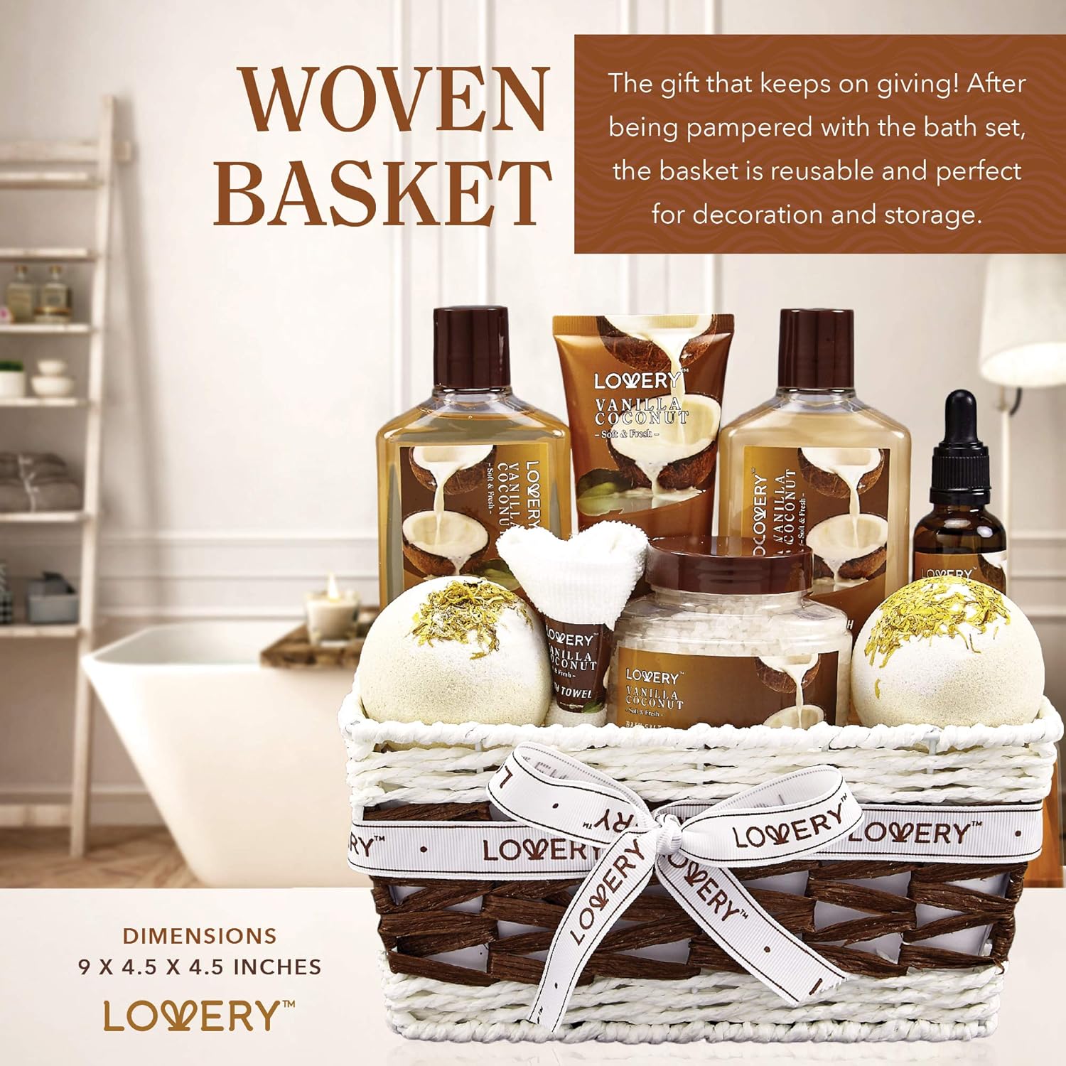Gifts For Women Gift Basket for Women– Mothers Day Gifts for Mom, 9 Piece Set of Vanilla Coconut Home Spa Set, Luxurious Bath and Body Set, Includes Fragrant Lotions, Large Bath Bombs, Coconut Oil - Image 9