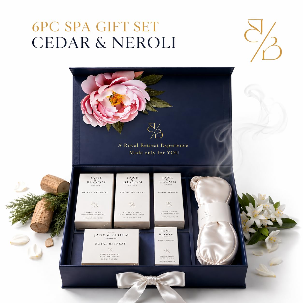 Royal Retreat Luxury Spa Gift Box for Women, Cedar & Neroli Bath and Body Gift Set, Relaxing Home Spa Kit with Bath Salt, Body Scrub, Body Oil, Hand Cream, Eye Mask, Mothers Day Gifts - Image 2