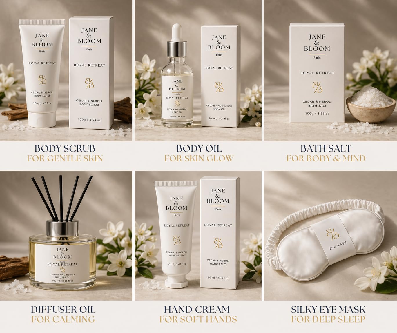 Royal Retreat Luxury Spa Gift Box for Women, Cedar & Neroli Bath and Body Gift Set, Relaxing Home Spa Kit with Bath Salt, Body Scrub, Body Oil, Hand Cream, Eye Mask, Mothers Day Gifts - Image 3