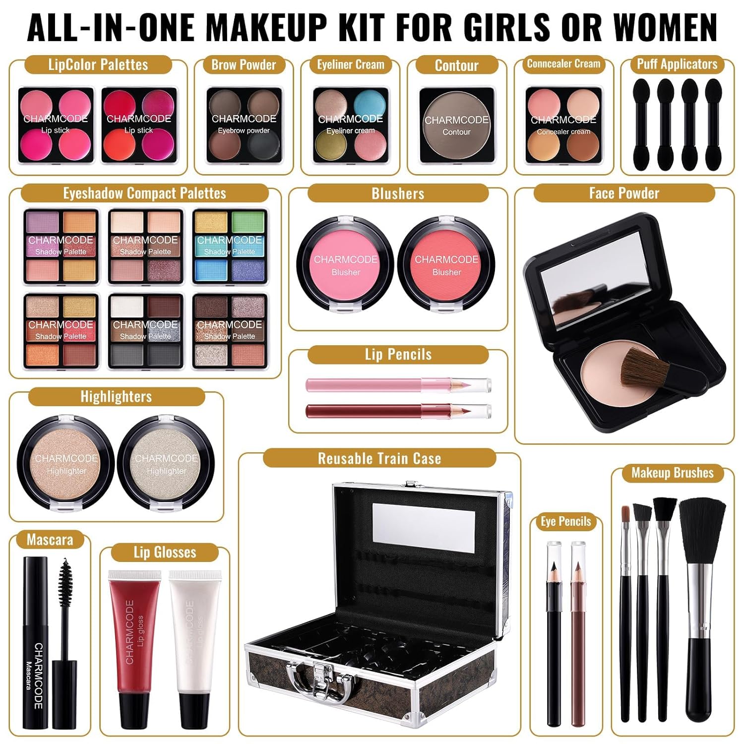 Makeup Kit for Teen Girls & Women Full Kit, Beauty Train Case with Starter Cosmetics Set, Make Up Valentine's Gift Box with Eyeshadow,Lipgloss,Highlight,Blush,Lip&Eye Pen,Brush & More(GoldenBrown) - Image 3