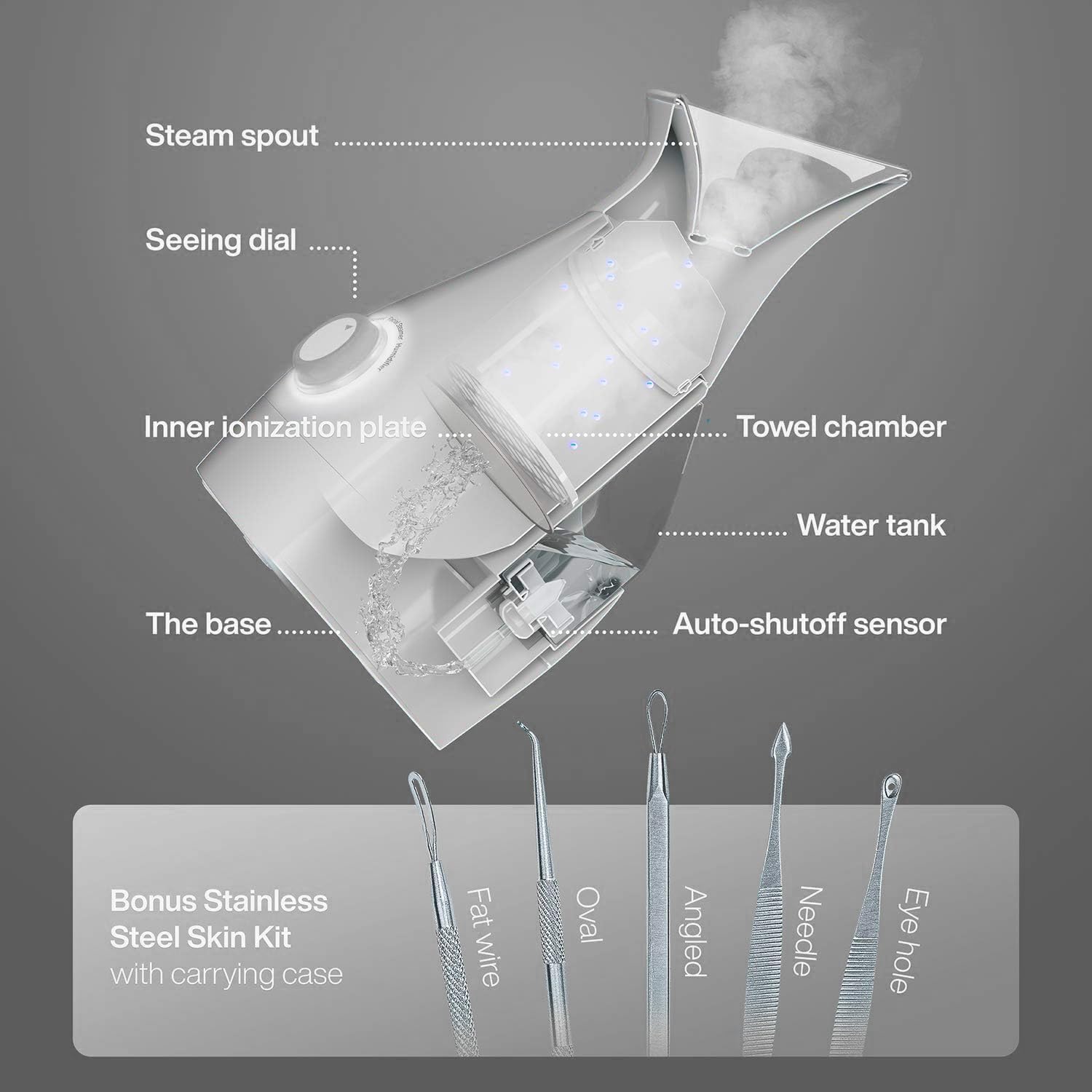 Pure Daily Care NanoSteamer Large 3-in-1 Nano Ionic Facial Steamer with Precise Temp Control - Humidifier - Unclogs Pores - Blackheads - Spa Quality - Bonus 5 Piece Stainless Steel Skin Kit (Silver) - Image 2