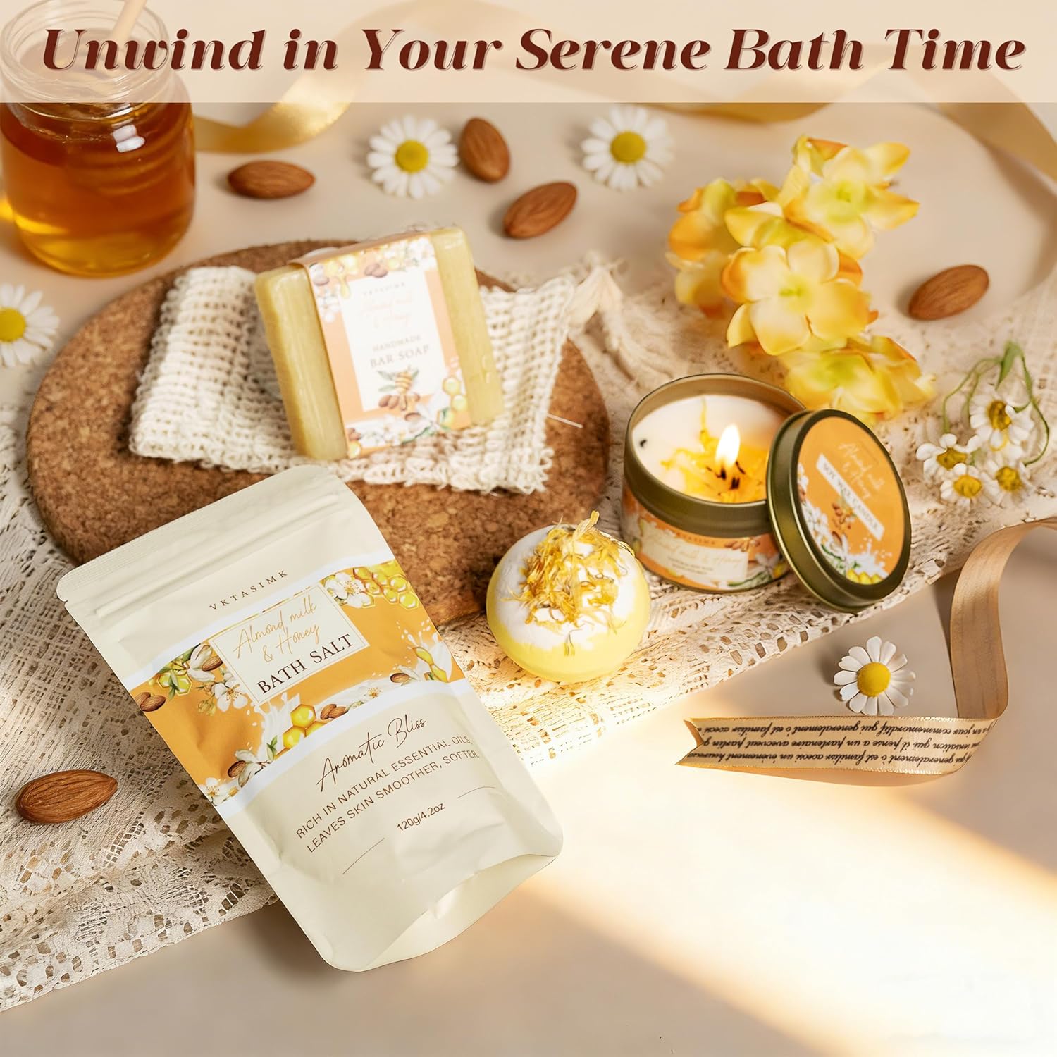 Birthday Gifts for Women, Almond Milk & Honey Relaxing Spa Gift Baskets for Women, Self Care Gifts Home Bath and Body Gifts Set for Mom, Girlfriend, Sister, Female Friends, Coworker - Image 3