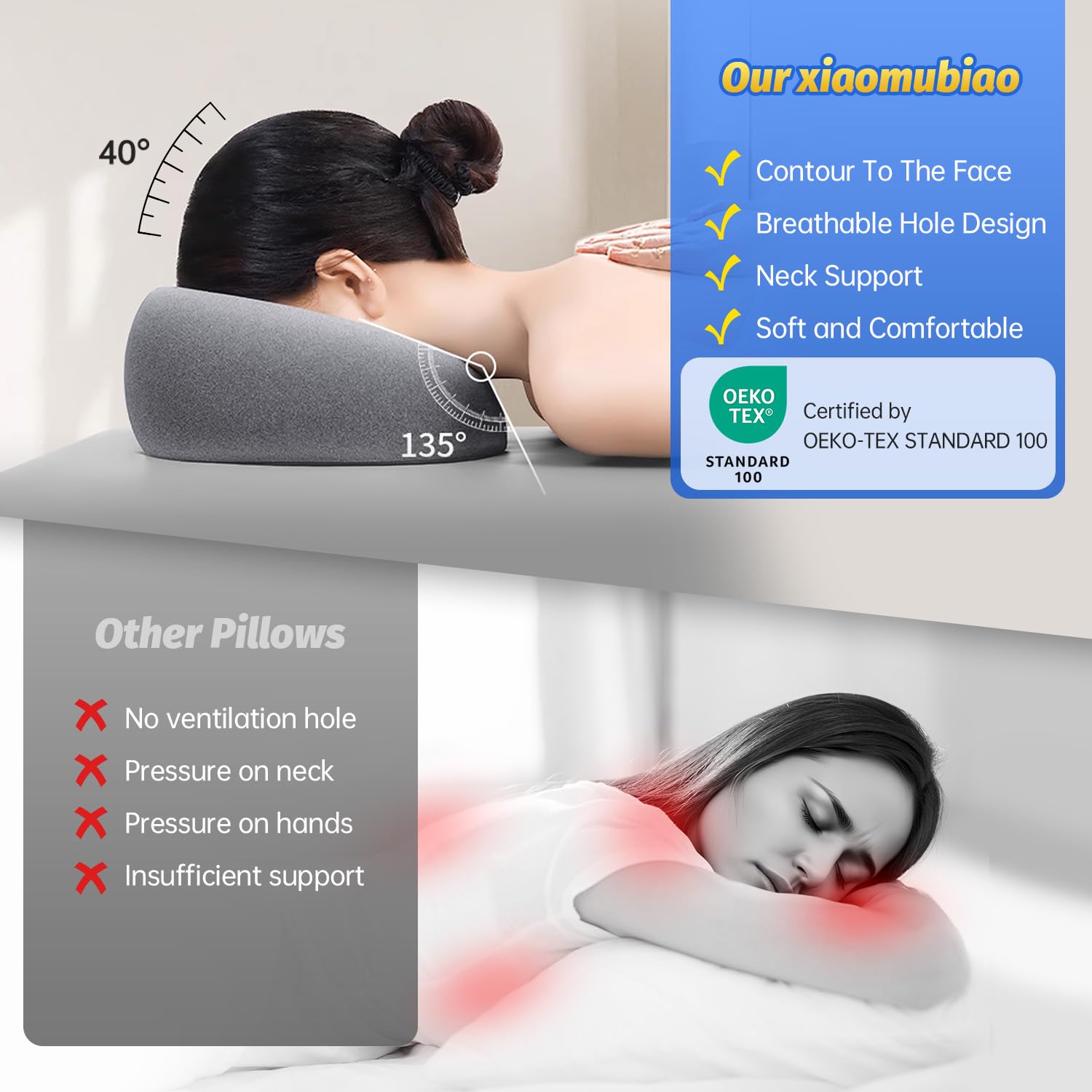 xiaomubiao Face Down Pillows for Massage Table, Massage Headrest for Bed, Face Pillow for Stomach Sleeping, BBL Pillow After Surgery Post Eye Surgery & Vitrectomy Recovery, Removable Cover Grey - Image 7