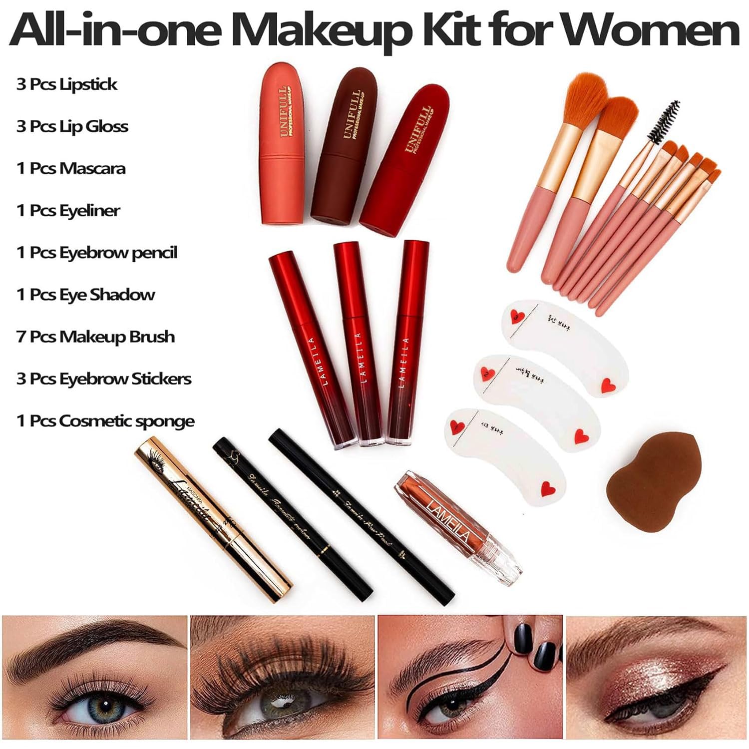 UNIFULL 190 Colors Makeup Pallet,Professional Makeup Kit for Women Full Kit,All in One Makeup Sets for Women&Beginner,include Eyeshadow,Lipstick,Compact Powder,Eyeliner,Concealer(004-Black) - Image 6