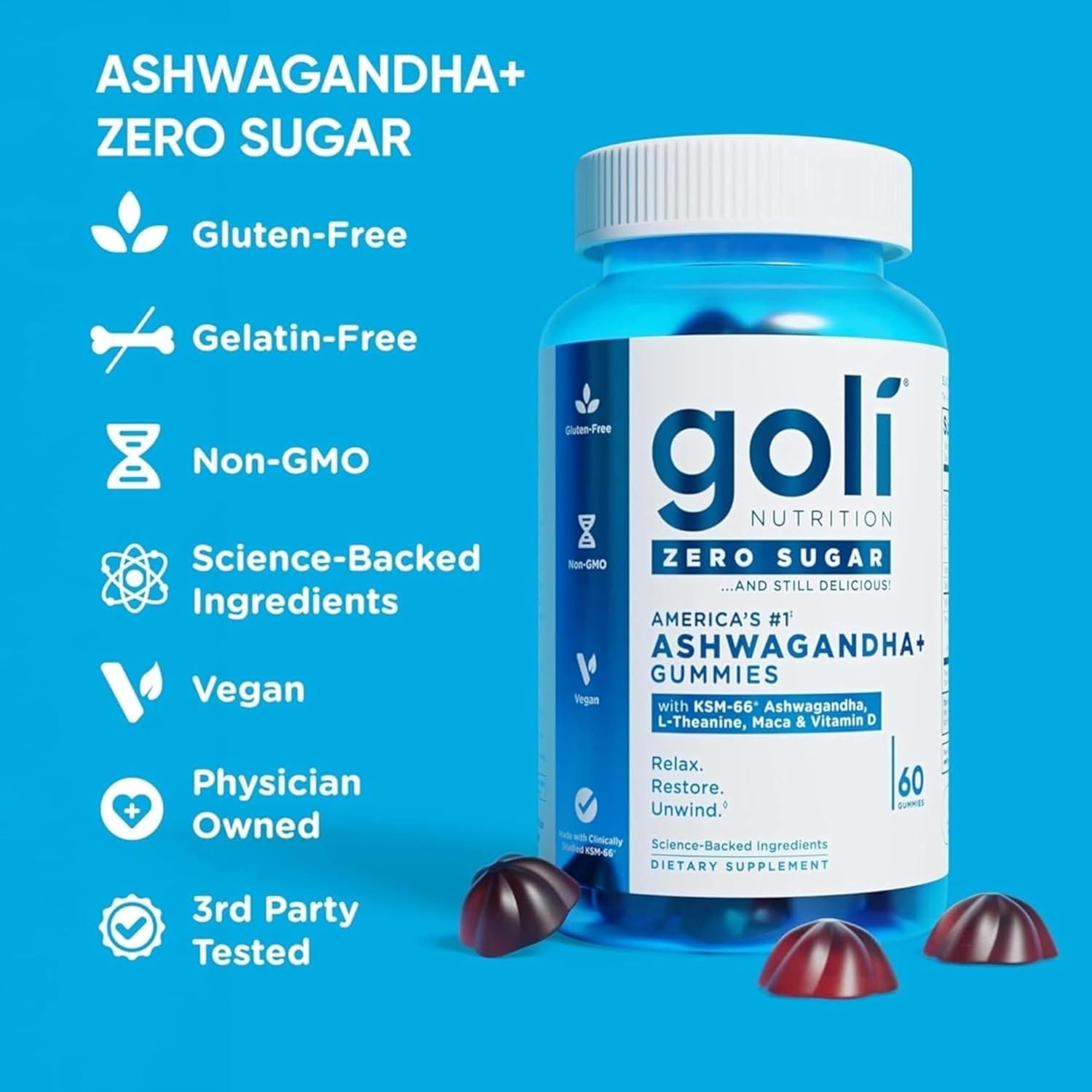 Goli Zero Sugar Ashwagandha Gummies with KSM-66, L-Theanine, Maca and Vitamin D - No Sugar Alcohols - Vegan, Keto-Friendly, Non-GMO - Image 2