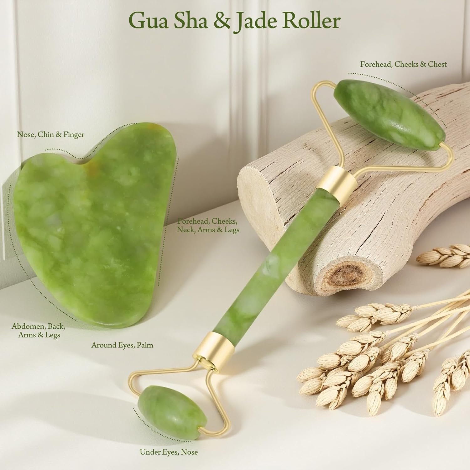 Real Perfection Gua Sha Facial Tools Face Roller for Wrinkles Jade Roller and Gua Sha Set, Scrubber Pore Brush Headband Skin Care Tools for Travel Skincare Routine Massaging Reducing Puffiness - Green - Image 2