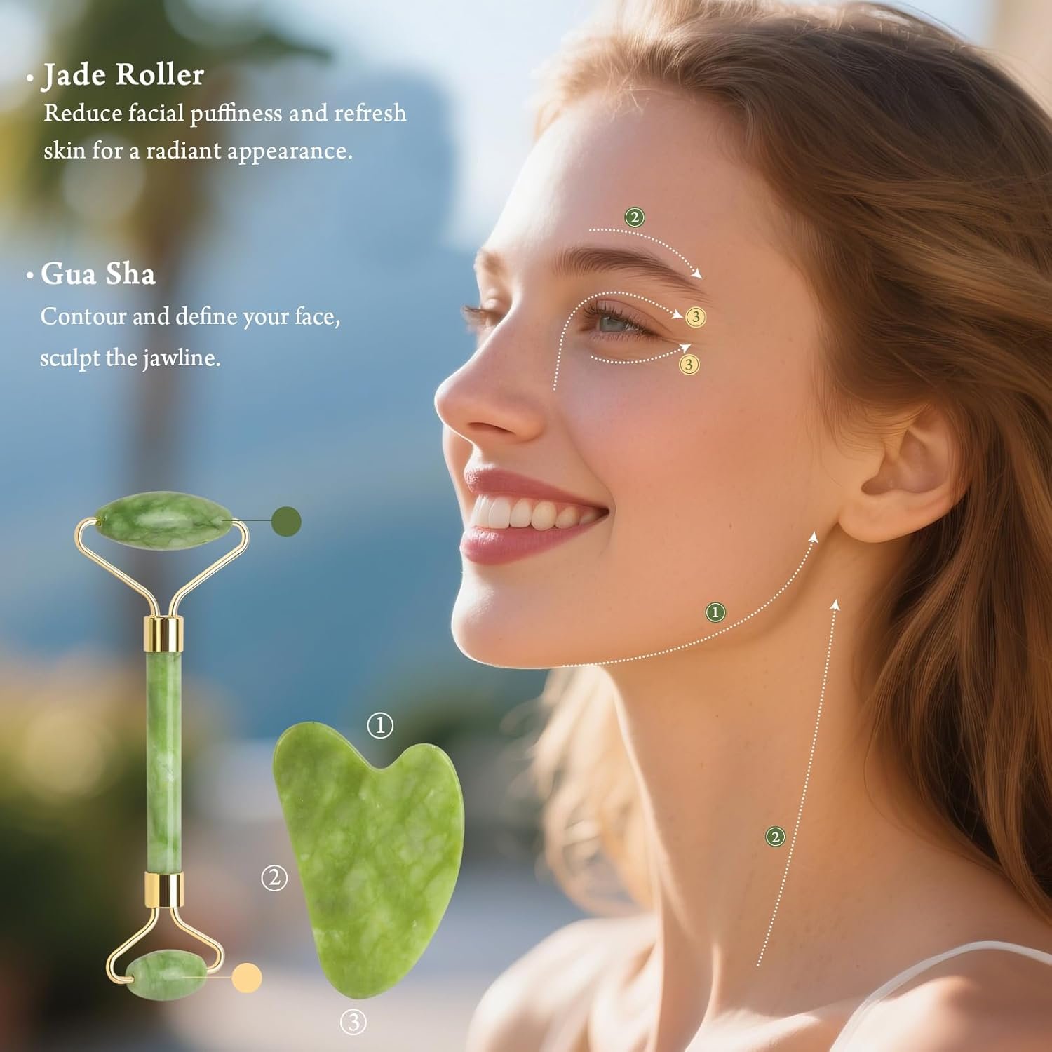 Real Perfection Gua Sha Facial Tools Face Roller for Wrinkles Jade Roller and Gua Sha Set, Scrubber Pore Brush Headband Skin Care Tools for Travel Skincare Routine Massaging Reducing Puffiness - Green - Image 3