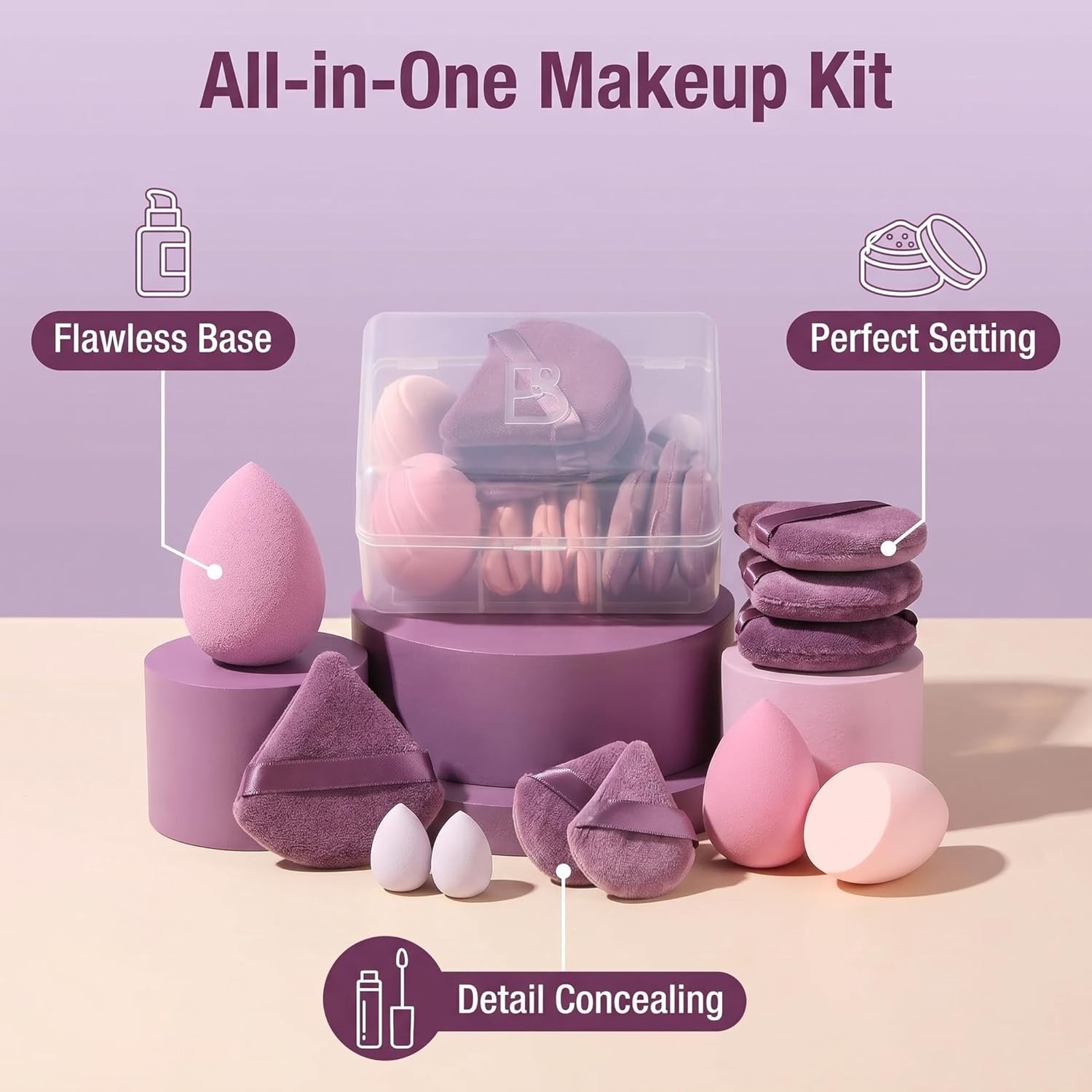 Makeup Sponge Set BS-MALL Triangle Puff 14 Pcs for Liquid, Cream, and Powder, Multi-colored Makeup Sponges and Mini Sponge with Case (A-Purple) - Image 4