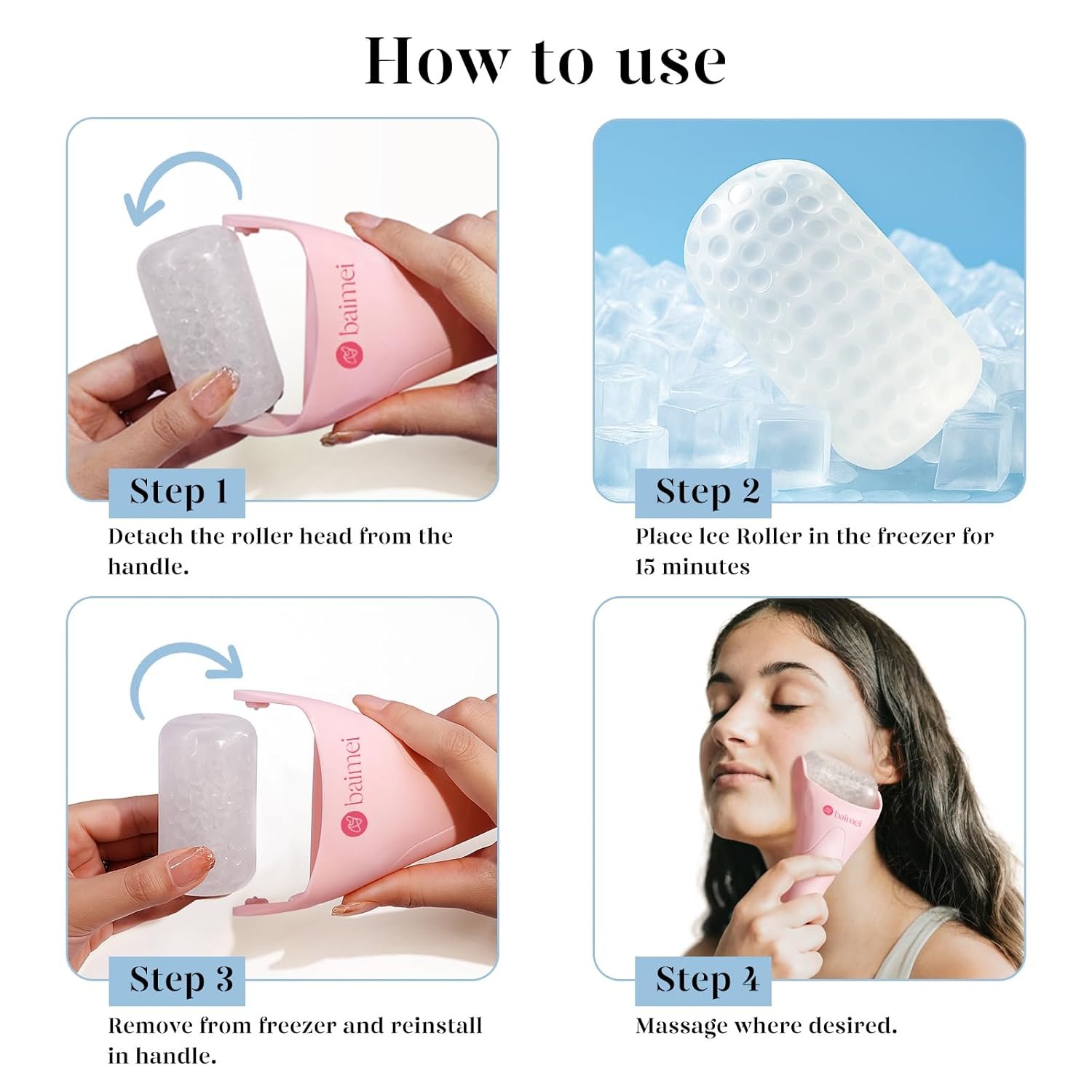 BAIMEI IcyMe Ice Roller for Face and Gua Sha Facial Tool Set, Ice Face Roller Reduces Puffiness Relieves Migraines Skin Care Tools, Self Care for Women - Pink - Image 4