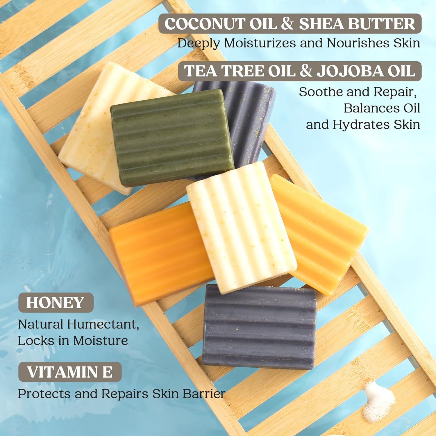 Natural Soap Bar – Handmade Soap with Foaming Pouch, Face & Body Wash, Moisturizing & Cleansing with Tea Tree & Coconut Oil, Shea Butter, Jojoba & Honey, Gift for Men & Women, 4 Pack 16.8 Oz - Image 7