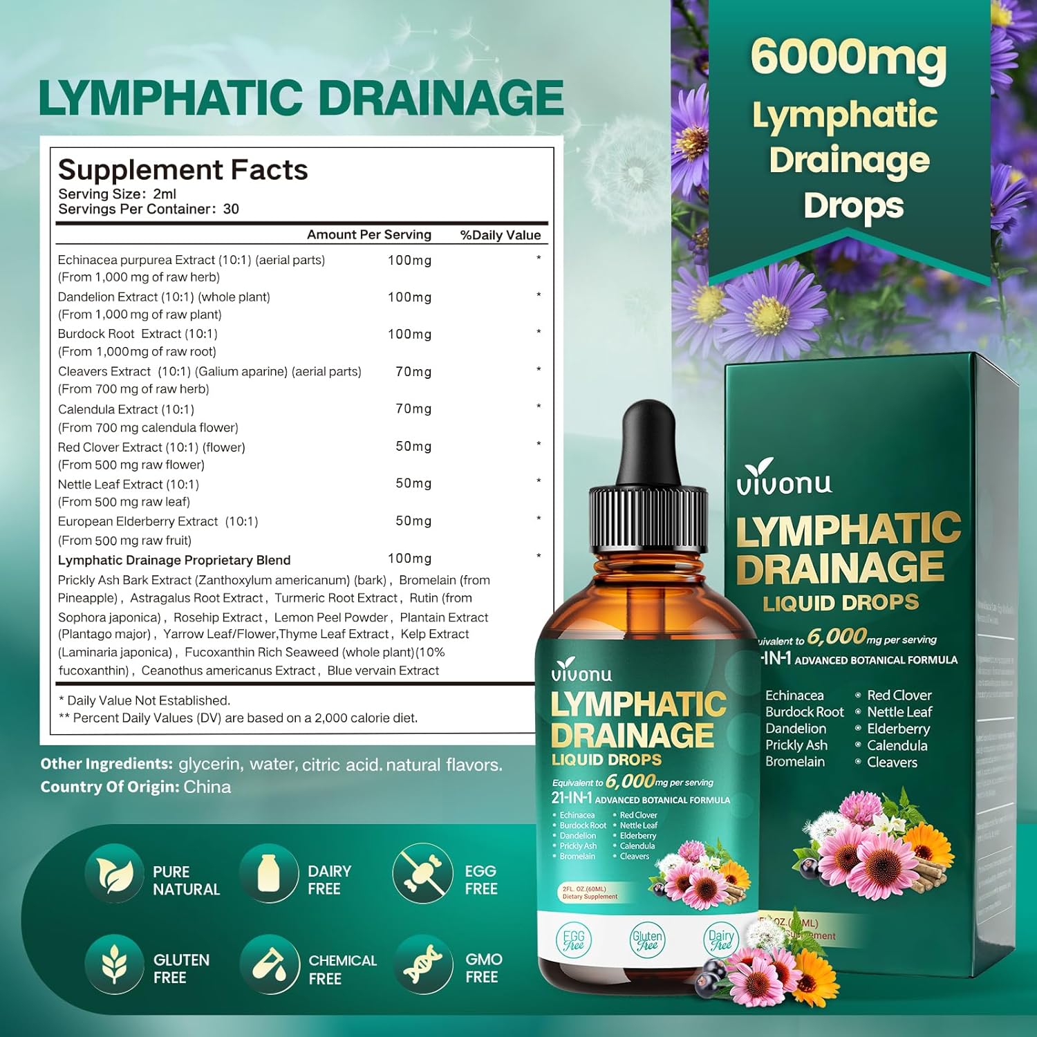 21-in-1 Lymphatic Drainage Drops for Liposomal, Immune & Lymph System Support Supplement for Women & Men with Echinacea, Dandelion, Burdock, Bromelain, Calendula, Turmeric & More, 2 FL OZ - Image 8