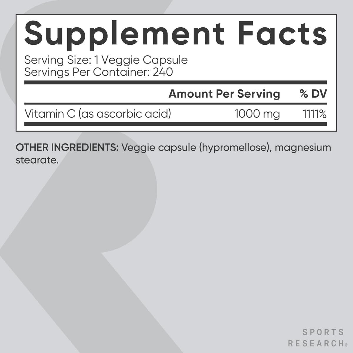 Sports Research High Potency Vitamin C Supplement - Vegan Veggie Capsules for Antioxidant Activity & Immune Support - Non-GMO Verified & Gluten Free - Ascorbic Acid Vitamin C 1000mg, 240 Count - Image 5