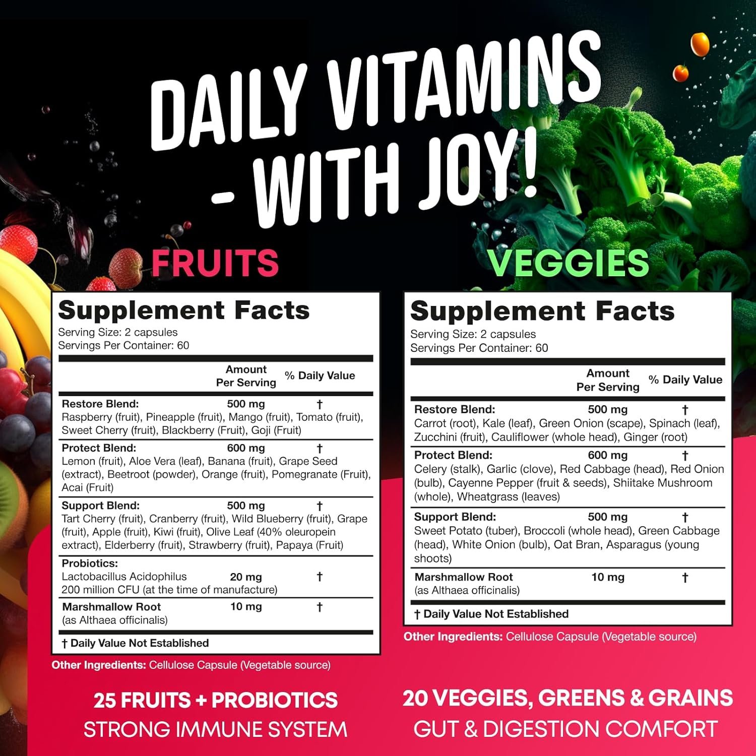 Fruits and Veggies Supplement - High Fiber Supplement for Immunity, Gut & Energy - Super Reds & Super Greens Supplements with Marshmallow Root - 240 Reds and Super Greens Powder Superfood Capsules - Image 2