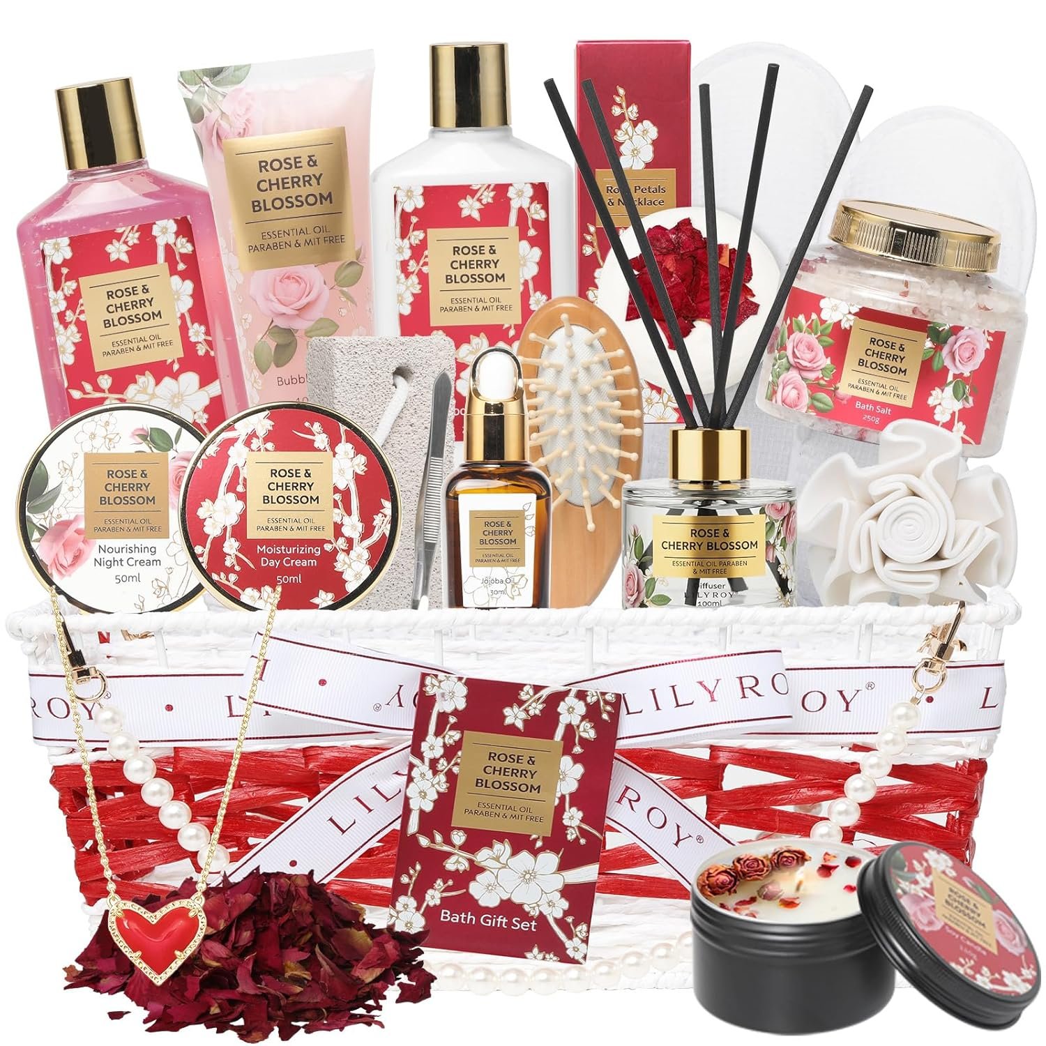 Gifts for Women - Rose Spa Gift Basket for Women, Bath and Body Gift Basket Sets for Mom, Skin Care Set for Women | Spa Kit, Gifts for Christmas, Valentines Day, Birthday, Mother‘s Day