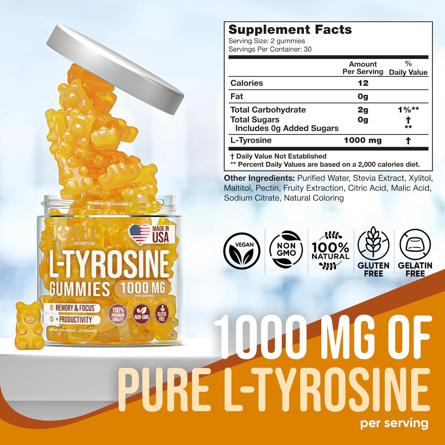 Joyli L Tyrosine Gummies 1000MG - L-Tyrosine Supplement for Kids & Adults - Calm & Focus Gummies for Brain, Memory, Mood, and Energy - 500mg L- Tyrosine Powder per Gummy - Vegan, Gluten-Free - Image 3