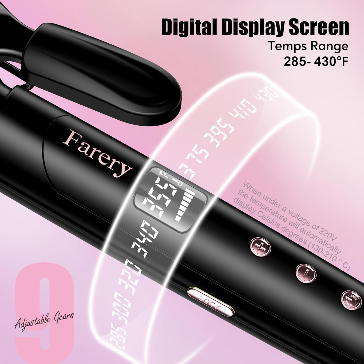 Farery 1.5 inch Curling Iron For Long Hair, Lightweight Long Barrel Curling Iron 1 1/2 Inch, Ceramic Curling Wand Infused Argan Oil & Keratin for Bouncy Curls, 9 Temp Digital Display & Lock Key, Glove - Image 5