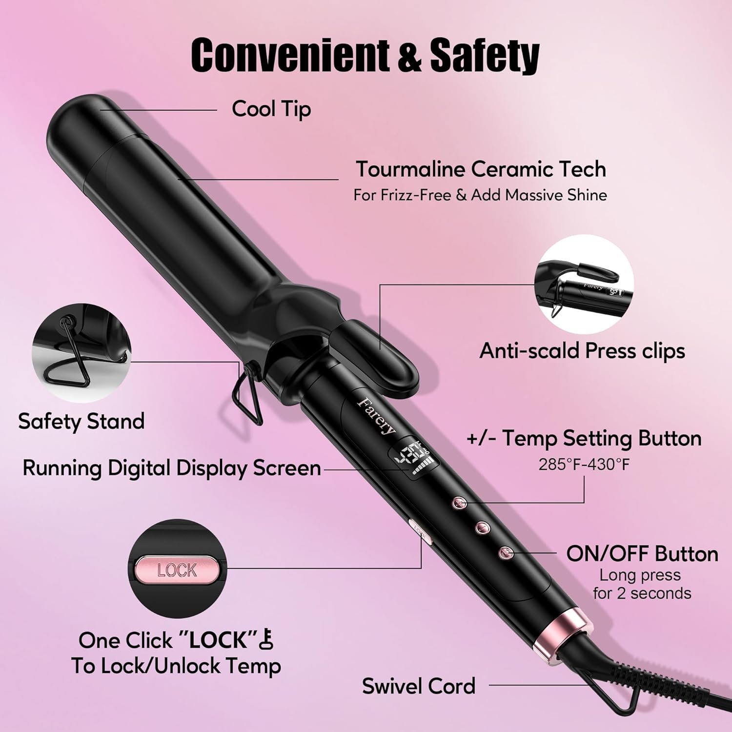 Farery 1.5 inch Curling Iron For Long Hair, Lightweight Long Barrel Curling Iron 1 1/2 Inch, Ceramic Curling Wand Infused Argan Oil & Keratin for Bouncy Curls, 9 Temp Digital Display & Lock Key, Glove - Image 7