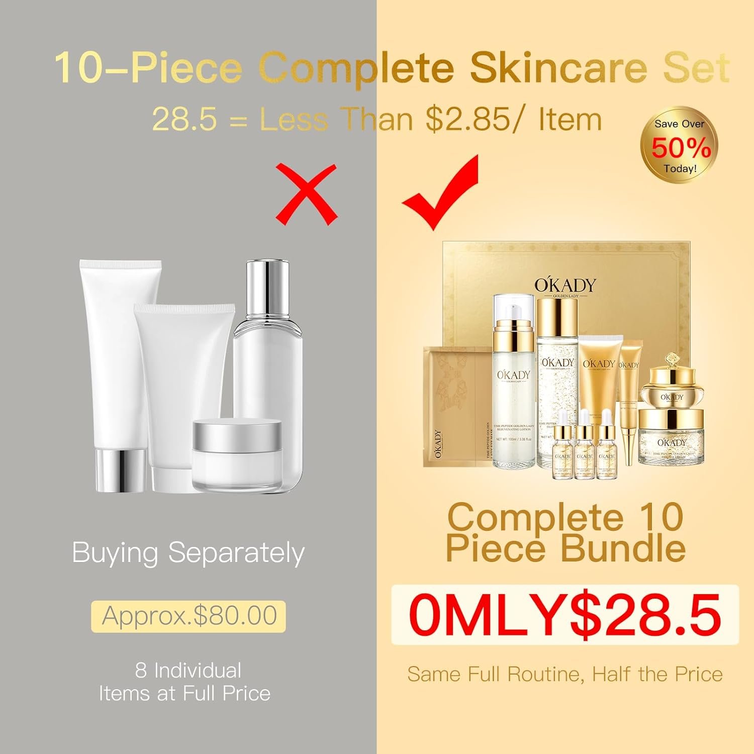 Anti-Aging Skincare Set for Women, 10-Piece Daily Facial Care Kit w/ Vitamin C & Peptides, Includes Cleanser, Toner, Serum, Eye Cream & Lotion, Vegan & Cruelty-Free, Birthday Gifts for Her/Mom/Wife - Image 3
