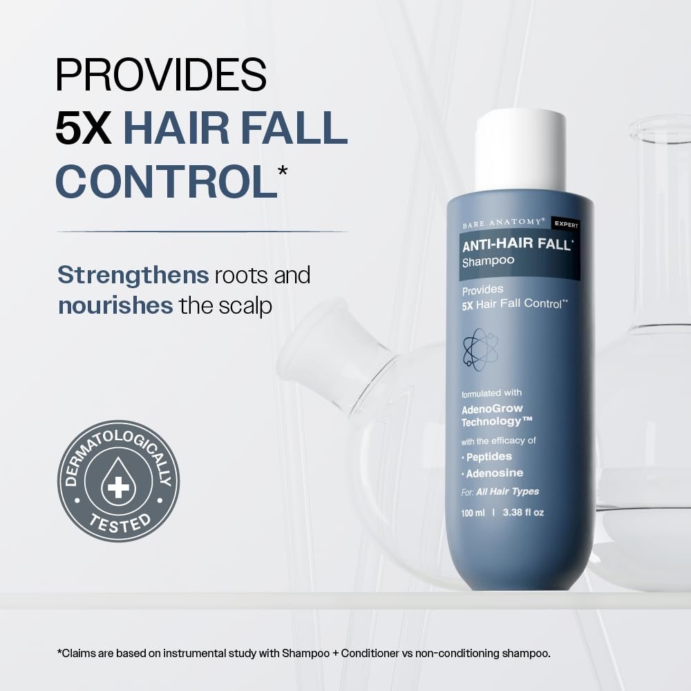 Bare Anatomy Anti-Hair Fall Shampoo | Provides 5x Hair Fall Control | pH 4.6 | Adenosine & Peptides | Strengthens Weak Roots & Reduces Breakage | Sulphate & Paraben Free | Unisex | 100ml - Image 3