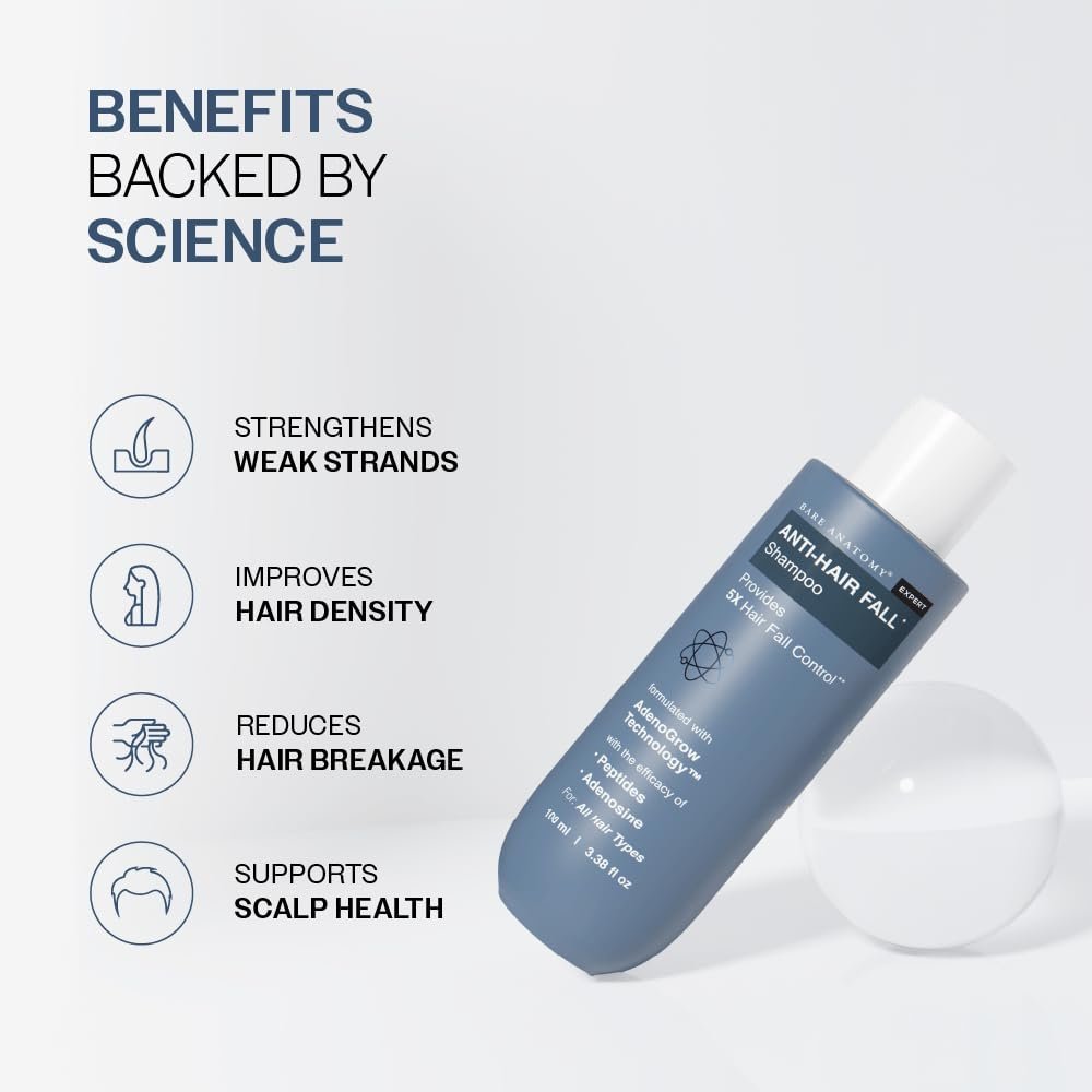 Bare Anatomy Anti-Hair Fall Shampoo | Provides 5x Hair Fall Control | pH 4.6 | Adenosine & Peptides | Strengthens Weak Roots & Reduces Breakage | Sulphate & Paraben Free | Unisex | 100ml - Image 4