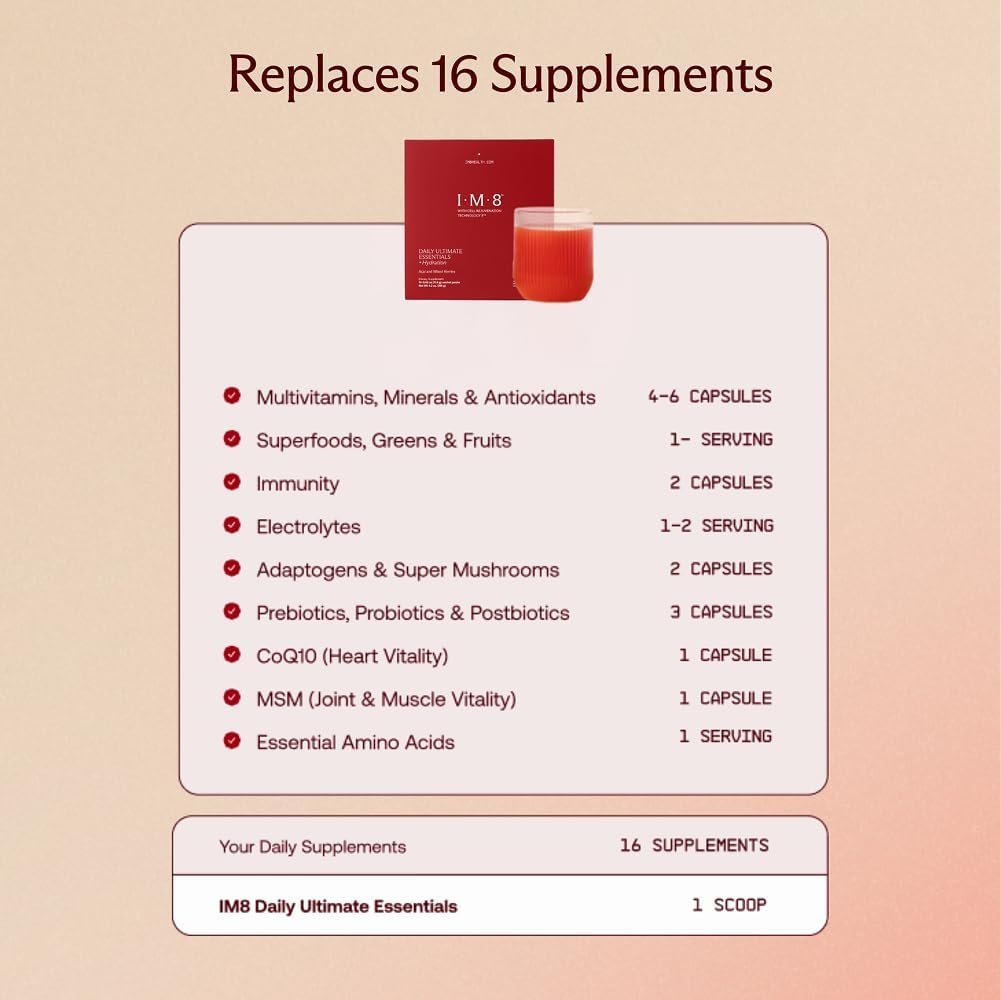 IM8 Daily Ultimate Essentials All-in-One Multivitamin Supplement, 92 Nutrient Rich Ingredients CoQ10, Probiotics, Vitamins, Greens, GF, Acai Mixed Berry (30 Servings, Travel Packs - Tumbler Included) - Image 7