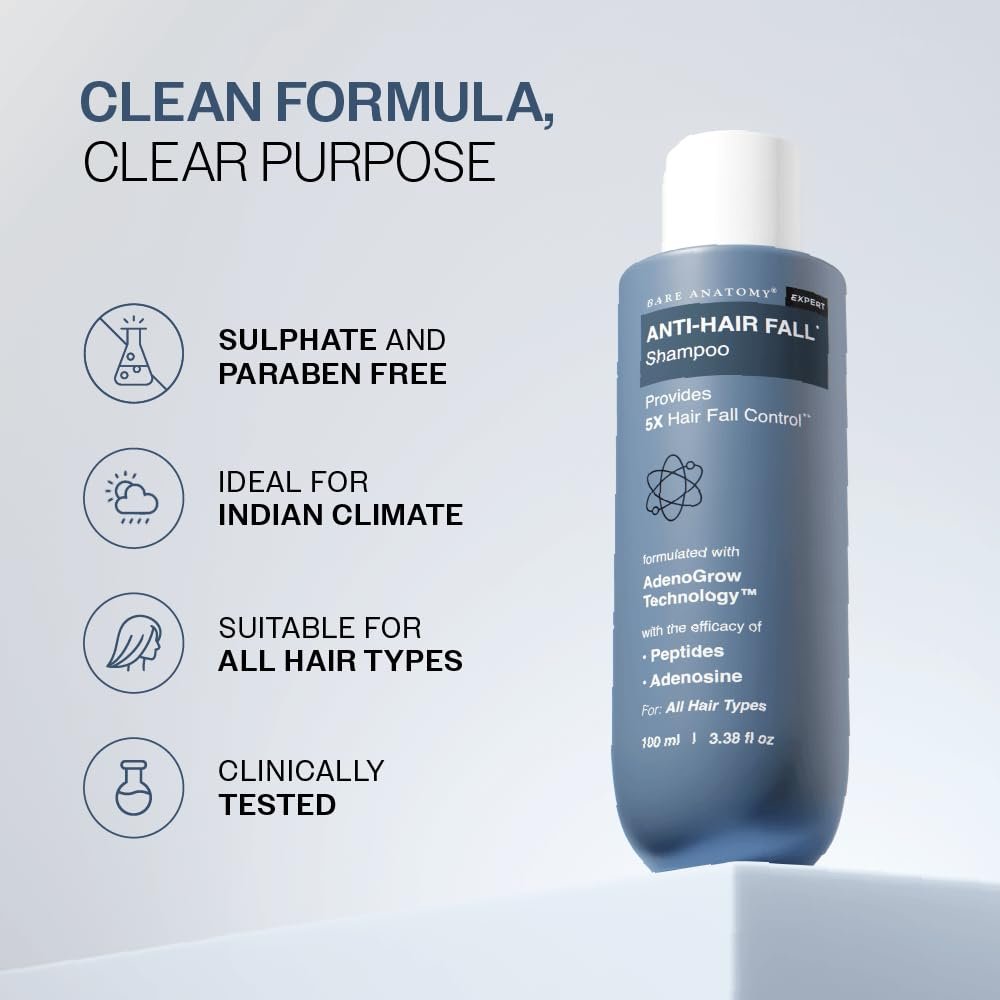 Bare Anatomy Anti-Hair Fall Shampoo | Provides 5x Hair Fall Control | pH 4.6 | Adenosine & Peptides | Strengthens Weak Roots & Reduces Breakage | Sulphate & Paraben Free | Unisex | 100ml - Image 8