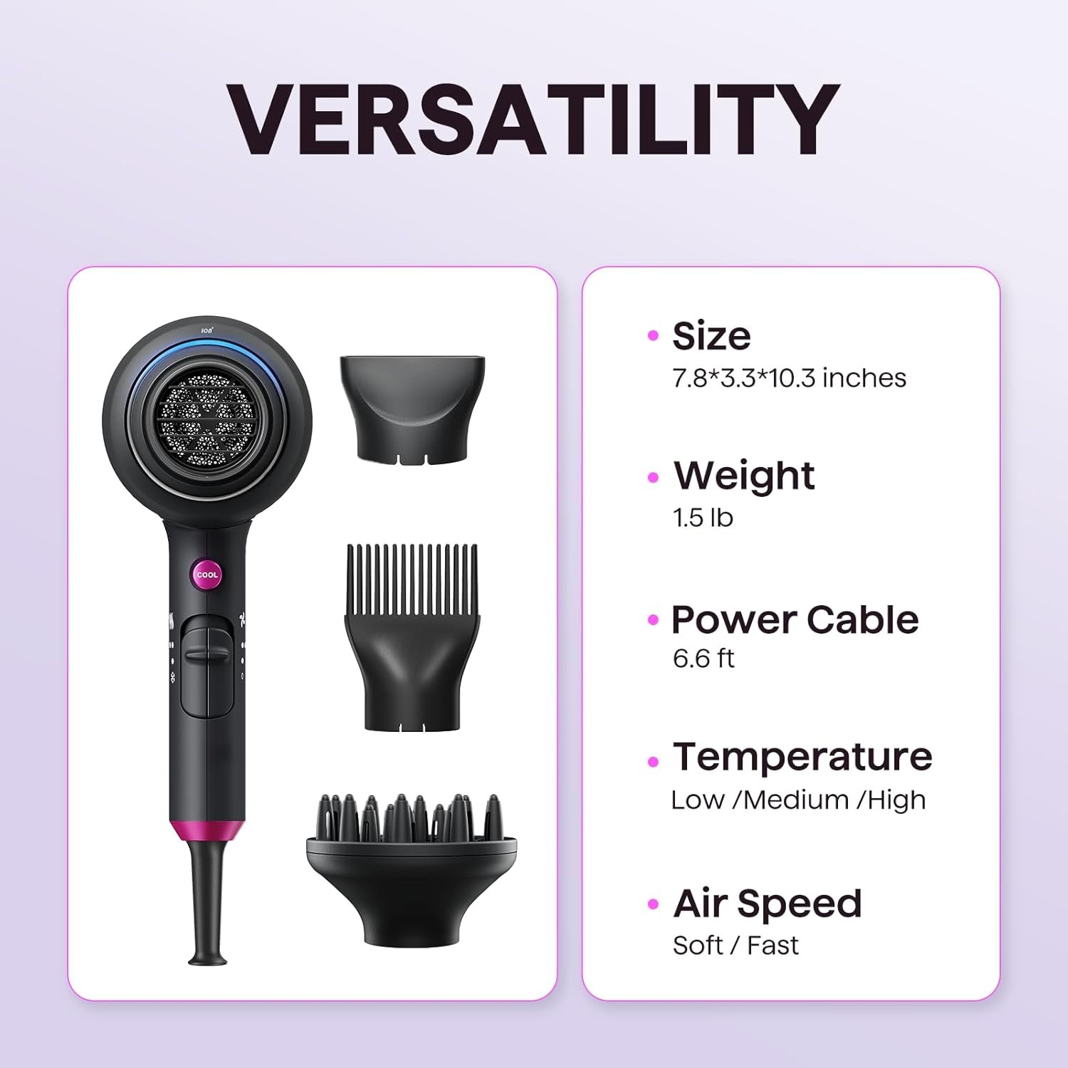 Wavytalk Hair Dryer with Diffuser, Blown Away Ionic Hair Dryer for Curly Hair with Comb, 1875W Fast Drying Blow Dryer with Ceramic Technology, 3 Attachments for All Hair Types, Light and Quiet, Black - Image 7