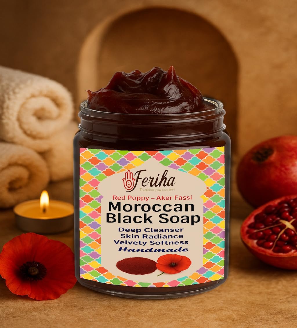 FERIHA Moroccan Black Soap with Aker Fassi – Red Poppy Petals & Pomegranate Shell – 100% Natural Artisan Beldi Hammam Soap for Radiance, Skin Firming & Deep Cleansing – Sourced & Crafted in Morocco - Image 5