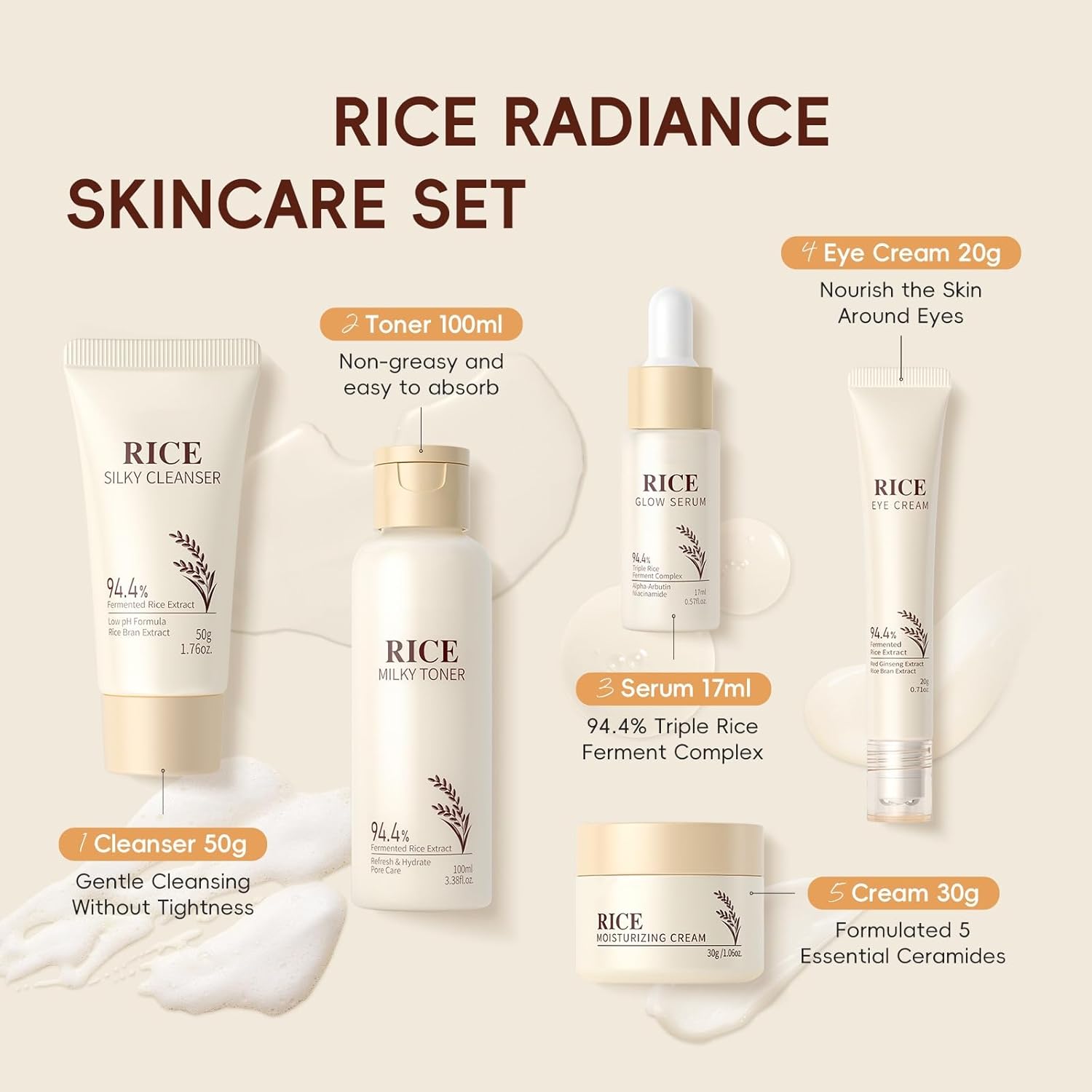 Moisturizing Korean Rice Skin Care Set – Radiance Skincare 5-Step Routine with Rice Cleanser, Toner, Serum, Face Cream, Eye Cream, Hyaluronic Acid & Ceramides for Glowing Skin, All Skin Types - Image 5