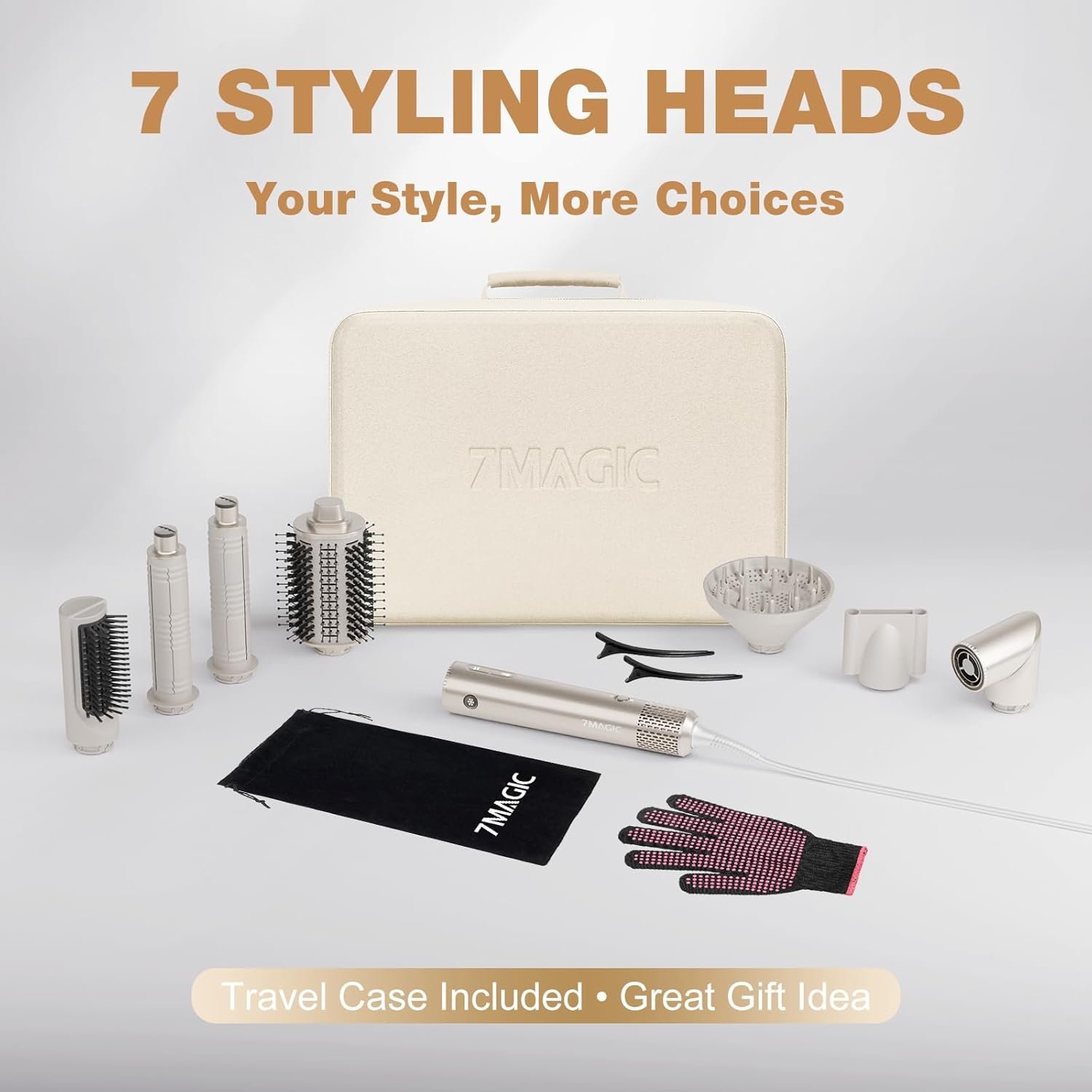 7MAGIC 7-in-1 Hot Air Styler, Hair Styler Dryer Brush with Auto-Wrap Curlers, High-Speed Hair Dryer for Fast Drying, Volumizing & Straightening, Travel Case Included, Champagne Gold - Image 8