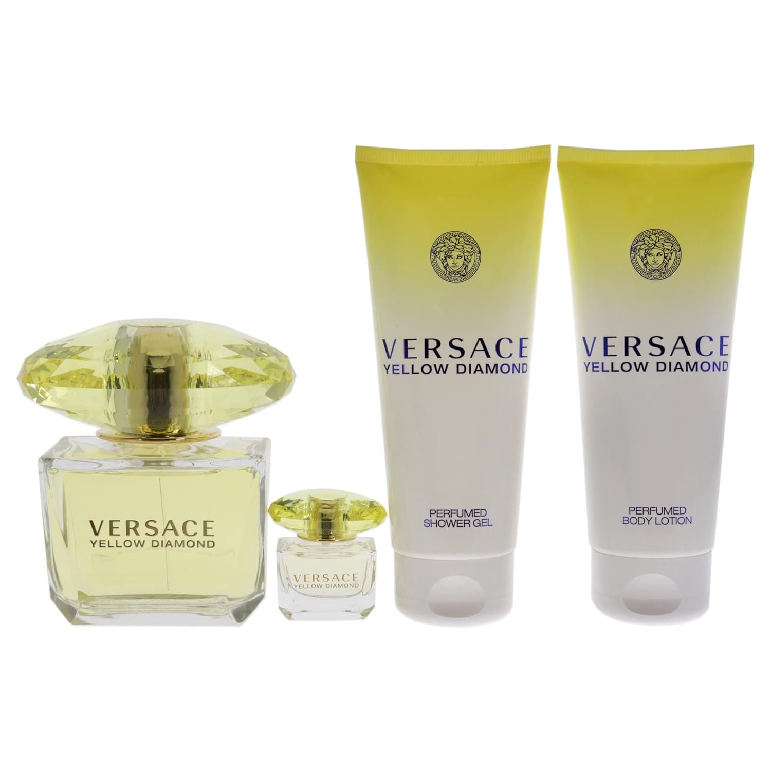 Versace Versace Yellow Diamond 3oz EDT Spray, 3.4oz Shower Gel, 3.4oz Body Lotion, 5ml EDT Rollerball Mini Women 4 Pc Gift Set - Image 2