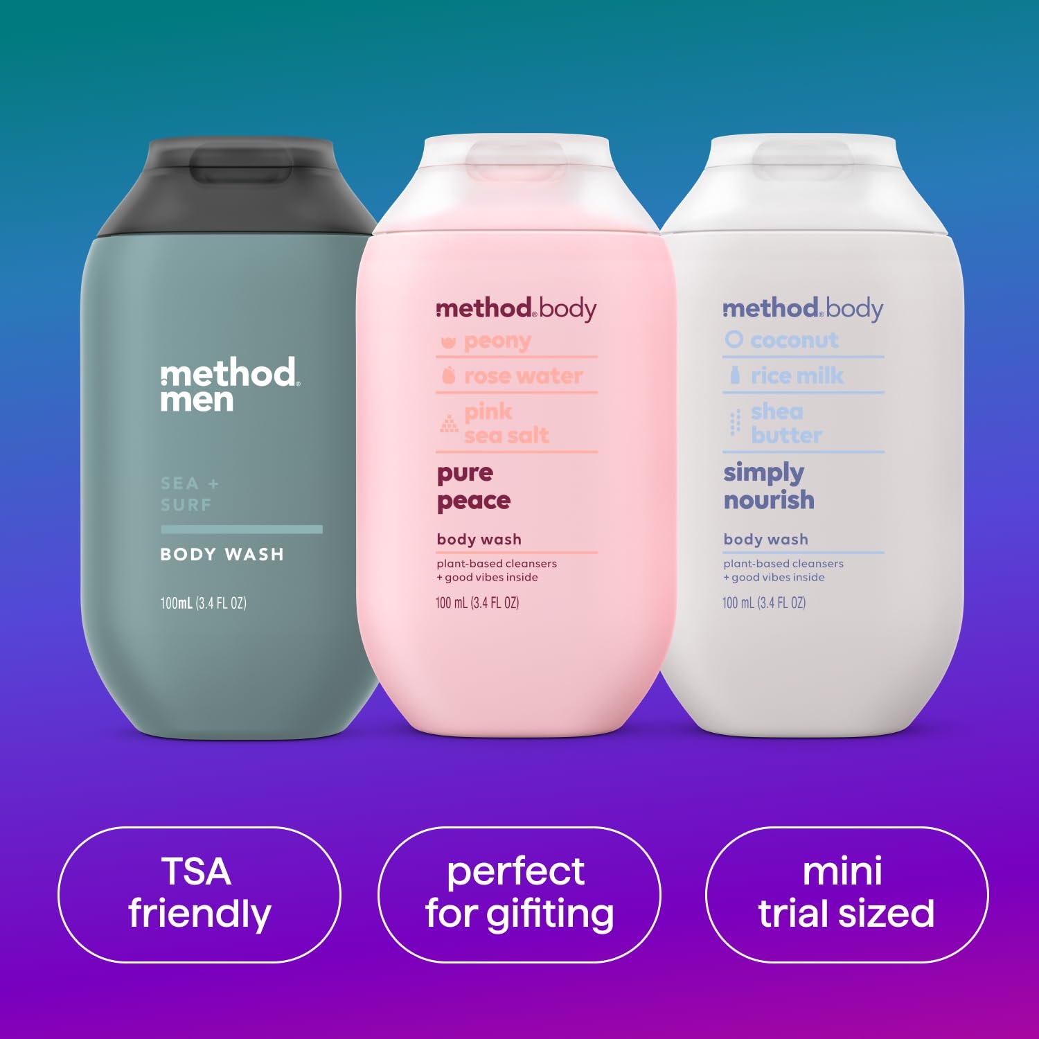 Method Body Wash Gift Set, Pure Peace, Simply Nourish and Sea + Surf, 3.4 oz Travel Size Bottles - Image 5
