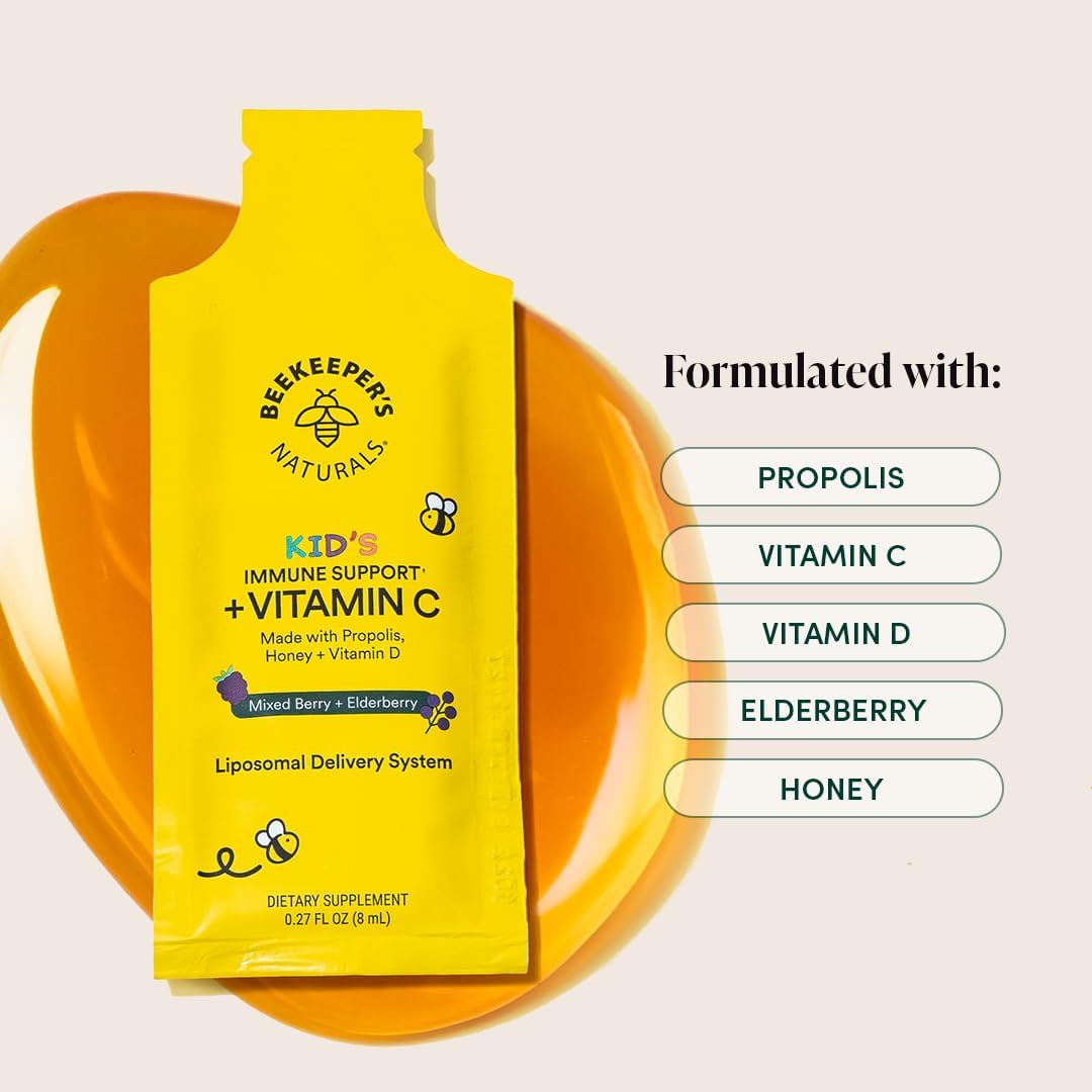 Kid's Immune Liposomal Vitamin C by Beekeeper's Naturals, 500 mg Vitamin C, Elderberry, Vitamin D, Propolis & Honey, Kid-Friendly Immune Support - Mixed Berry Flavor, Easy to Use, Bioavailable, 12 Ct - Image 4
