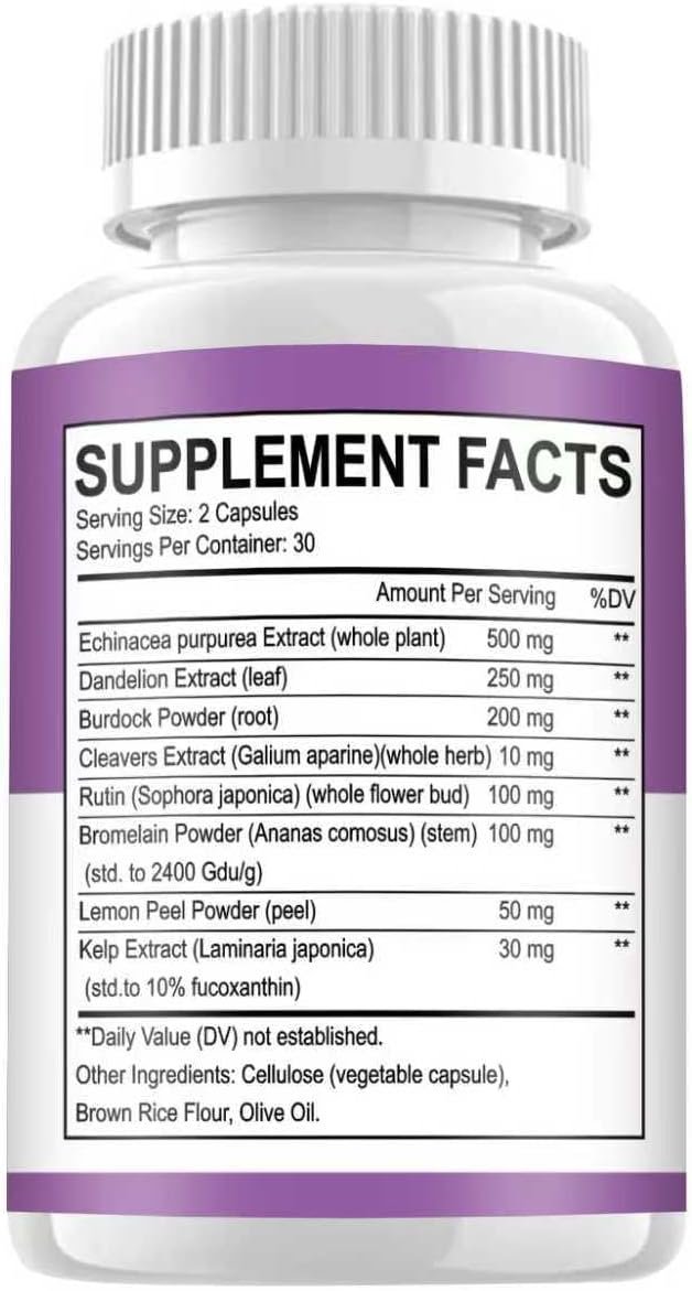 Lymphatic Drainage Supplement Capsules – Natural Herbal Blend with Dandelion, Burdock, Kelp & Echinacea for Women & Men, 60 ct - Image 2