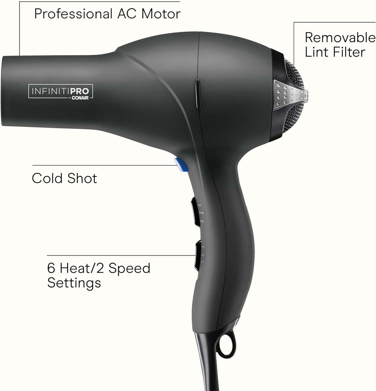 Infiniti PRO CONAIR Hair Dryer with Diffuser, Professional AC Motor, Tourmaline Ceramic Technology Blow Dryer, Includes Concentrator and Blowout Brush, Amazon Exclusive, Gray - Image 2