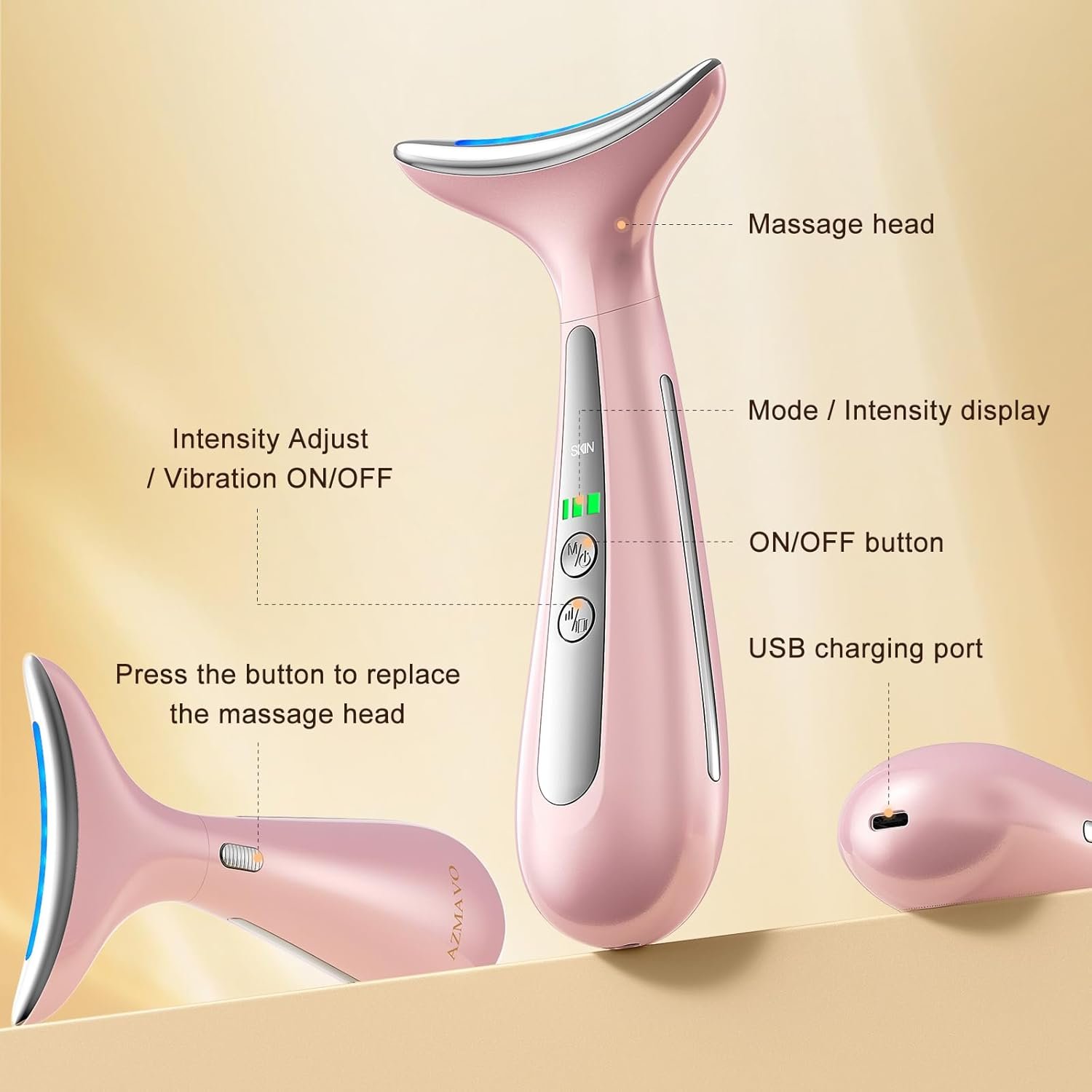 4-in-1 Multi-Area Beauty Care Device with Interchangeable Heads and Three Light Modes, Rechargeable Neck & Face Care Tool (Pastel Pink) - Image 7
