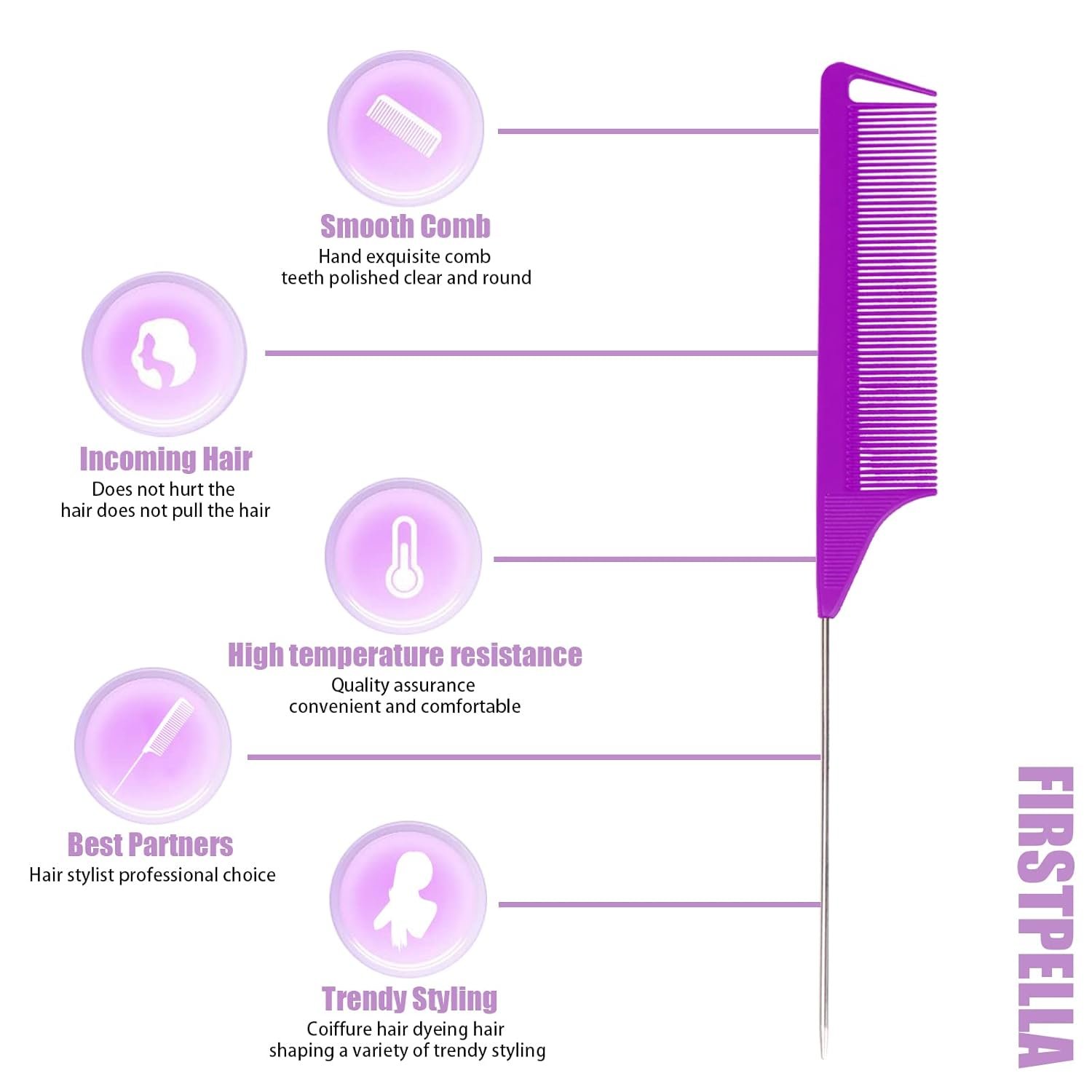 10 PCS Rat Tail Combs Set - Hair Teasing Fine Tooth Comb for Women Girls, Parting Comb for Braiding Hair Styling Tools & Appliances with Stainless Steel Pintail Carbon Fiber Heat Resistant - Image 4