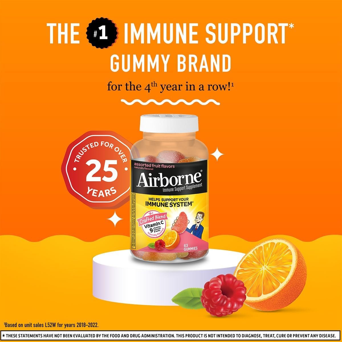Airborne 750mg Vitamin C Gummies for Adults, Immune Support Supplement with Powerful Antioxidants Vitamins A C & E - 2x63ct Bottles (126 Gummies), Assorted Fruit Flavor - Image 9
