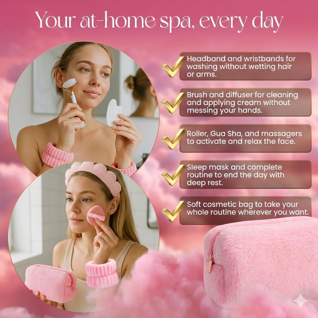 Skincare tools set, cute skin care tool for teens, facial accesories for skincare, clean girl aesthetic gifts, teen skin care kit, pink selfcare item, face cleaning kit, face washing kit for teen girl - Image 3