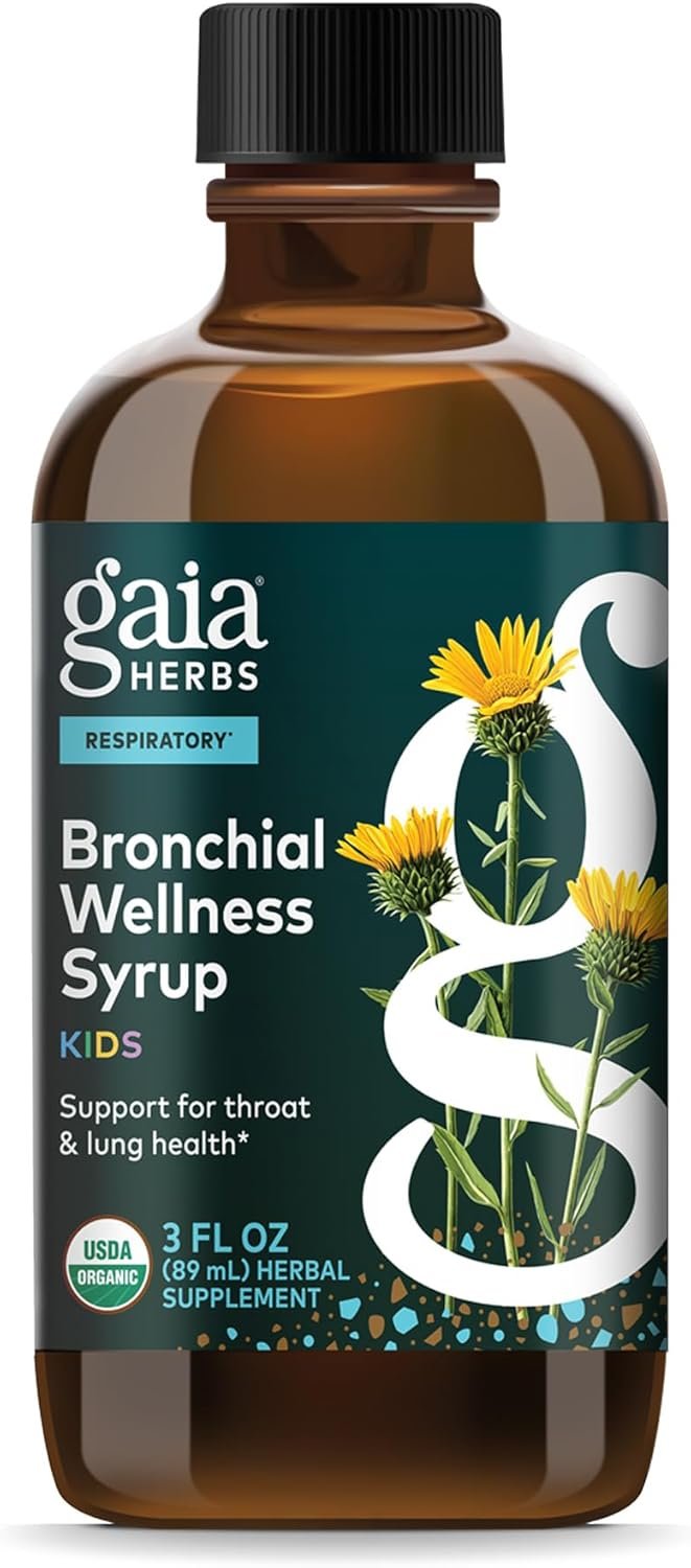 Gaia Herbs Bronchial Wellness Syrup Kids - Immune Support Supplement - Throat & Lung Health Support* - Certified Organic Formula with English Plantain, Grindelia & Honey - 3 Fl Oz (18 Servings)