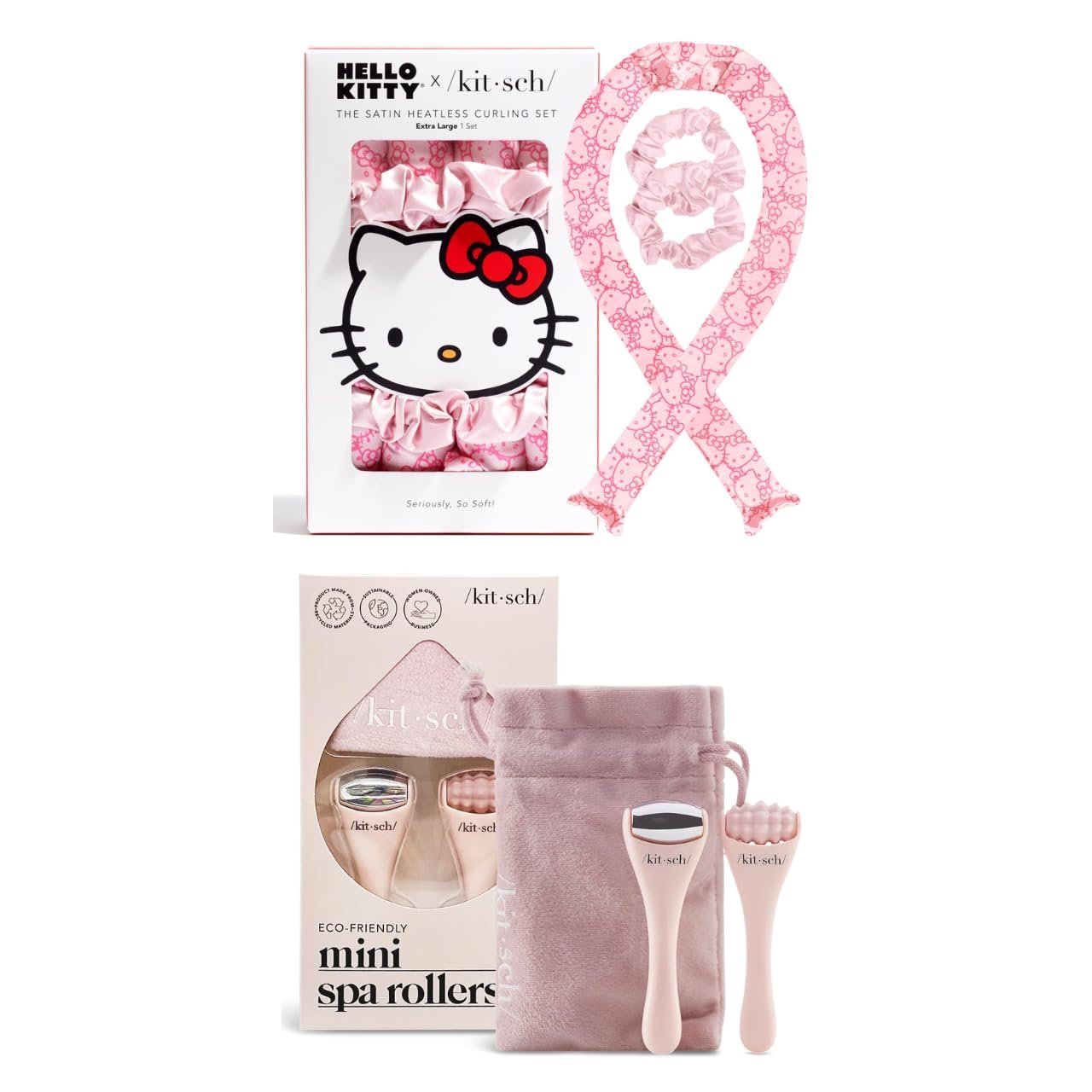 Hello Kitty x Kitsch Satin Heatless Curling Set XL (Pink Kitty Faces) & Mini Face Roller Skin Care Tools Set Bundle