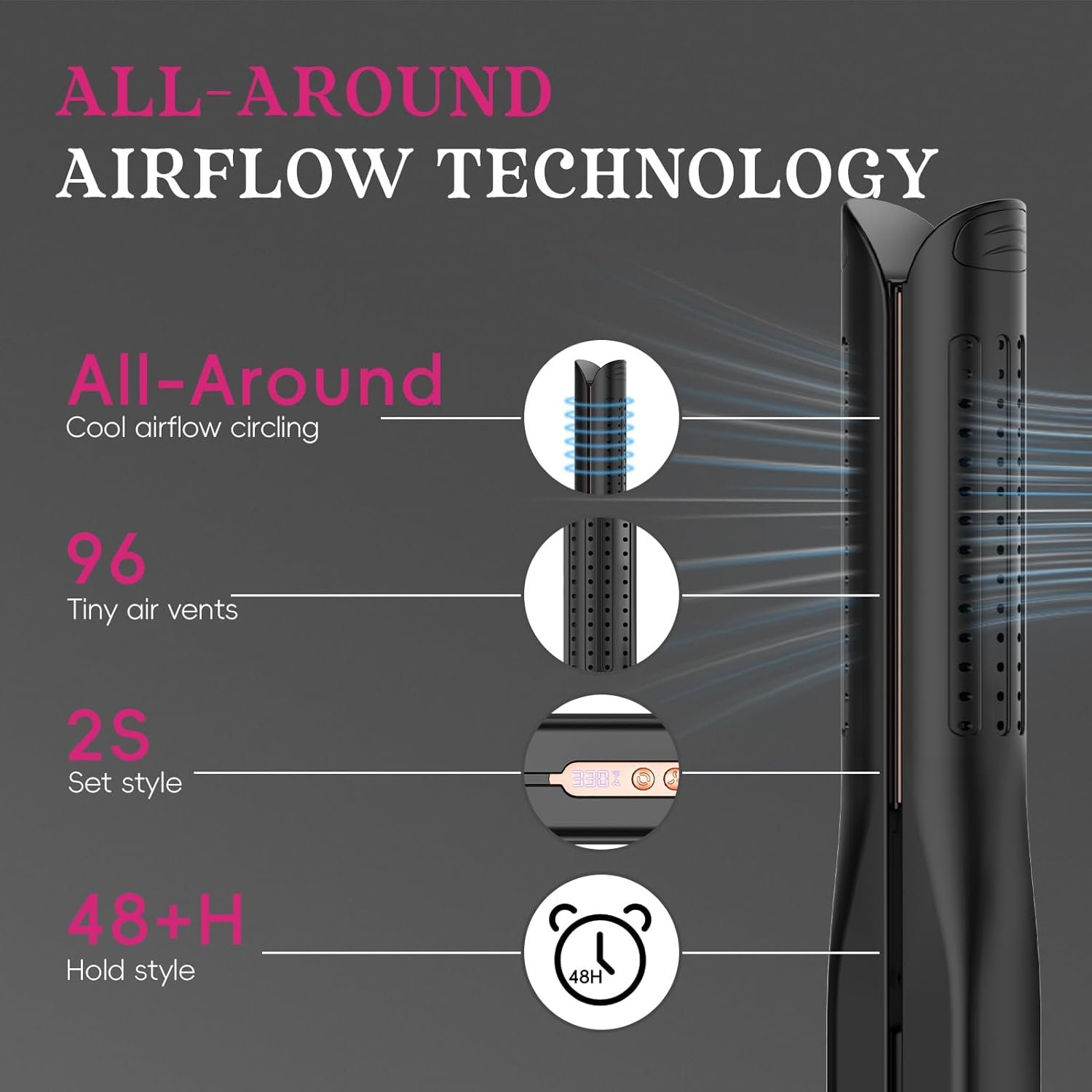 SKIMI Airflow Styler 2.0 Titanium Flat Iron Hair Straightener & Curling Wand, 96 Cool Air Vents for 48H Lasting Style, Dual Voltage for Travel & Home, Anti-Tangle, 5 Temps (Black & Champagne). - Image 4